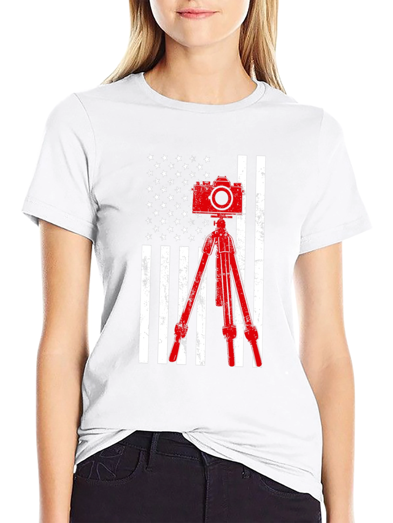 Black Patriotic Photographer T-Shirt - Camera & American Flag view 9