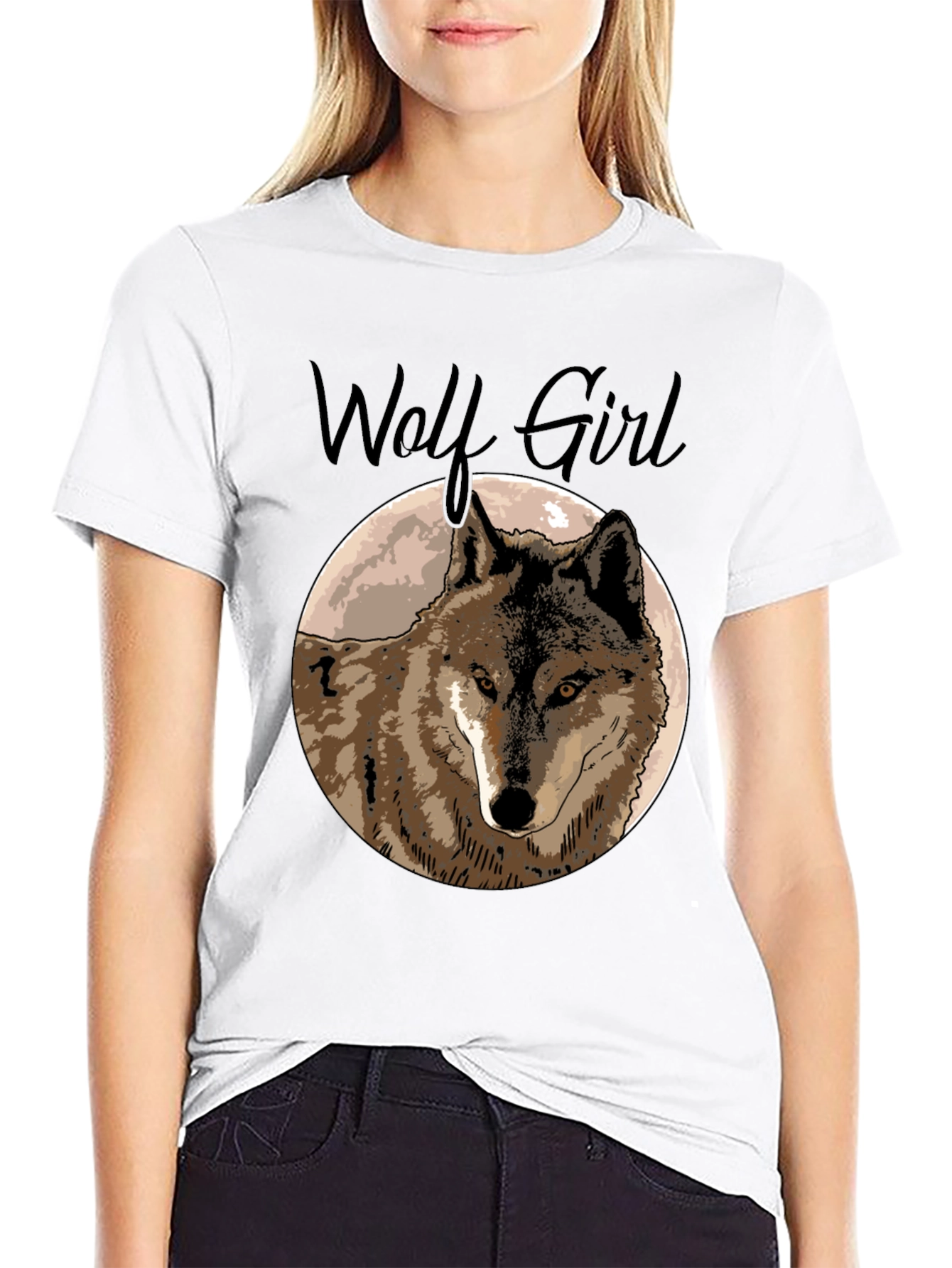 Black Wolf Girl Graphic Tee - Black Cotton T-Shirt view 9