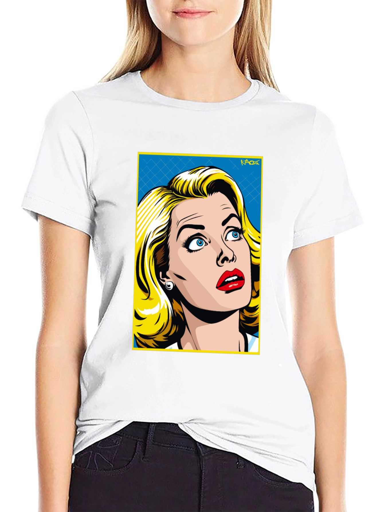 Black Retro Pop Art Woman T-Shirt - Black Cotton Tee view 9