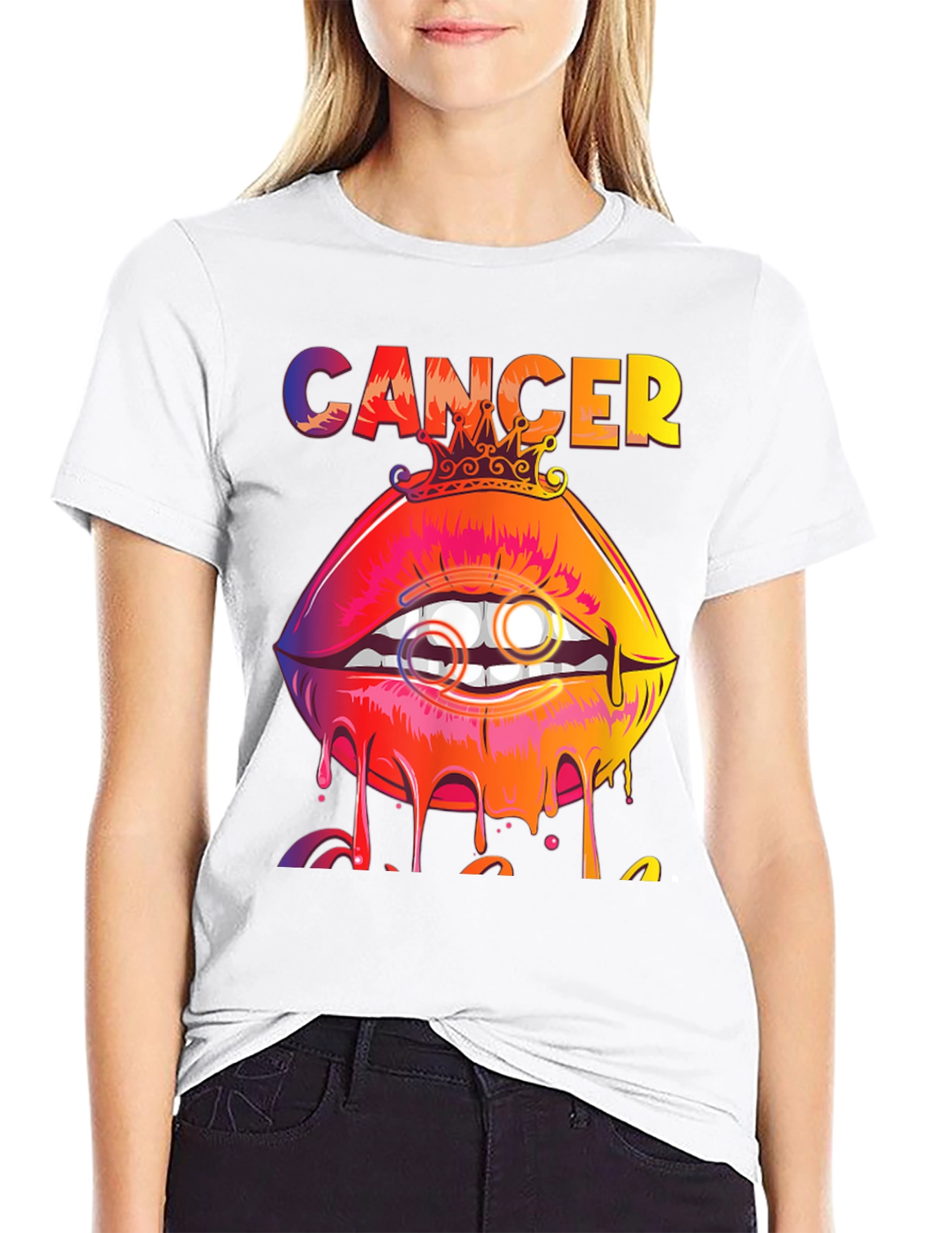 Black Cancer Zodiac Lips Graphic T-Shirt view 9