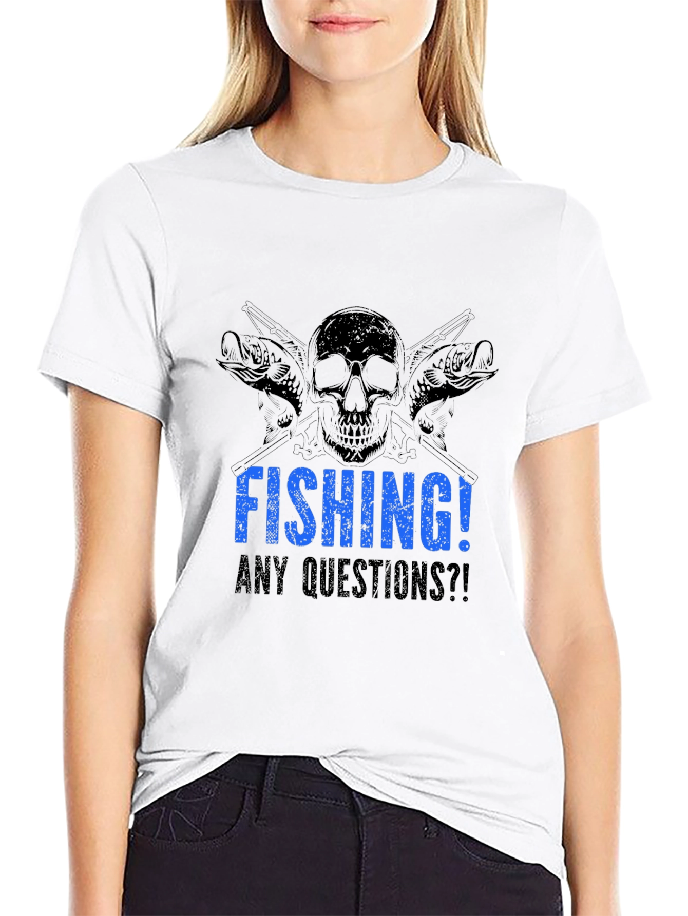 Black Fishing Skull Graphic Tee - Any Questions?! Black Cotton T-Shirt view 9
