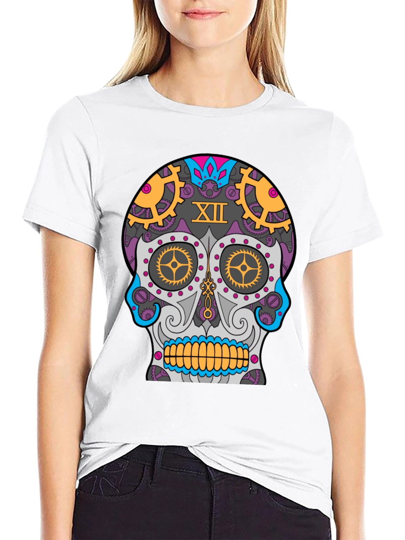 Black Steampunk Sugar Skull T-Shirt - Unique Day of the Dead Design view 9