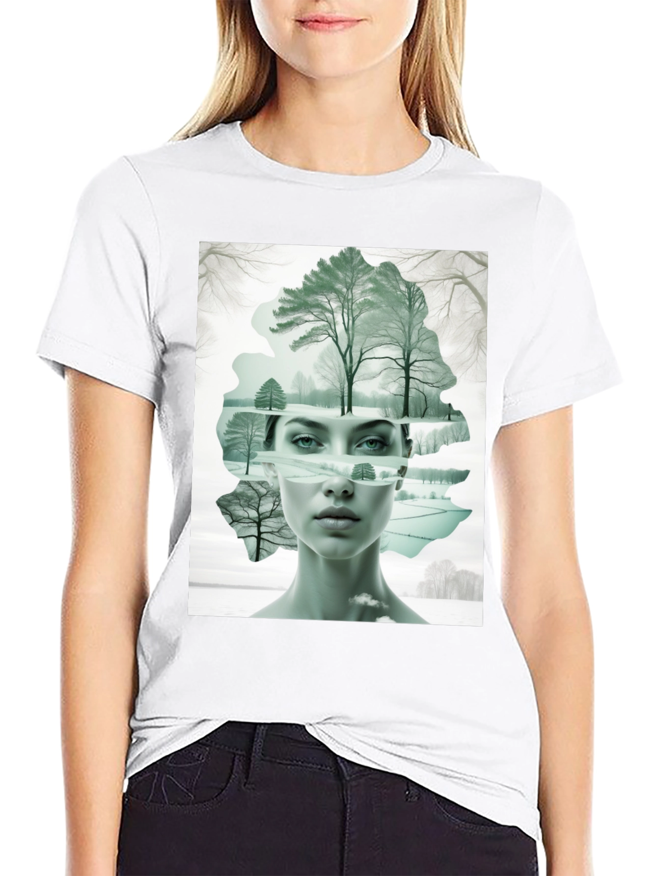 Black Abstract Woman & Winter Scene Graphic Tee view 9