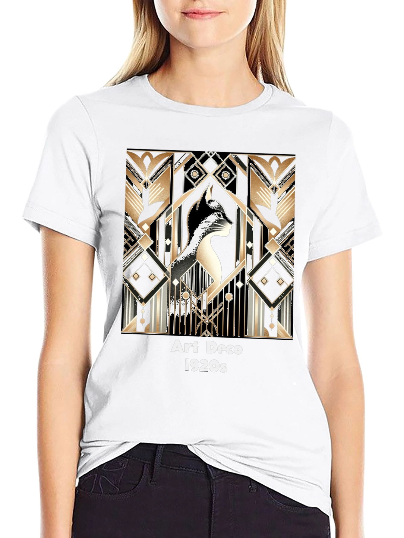 Black Art Deco Cat T-Shirt - Roaring 20s Style view 9