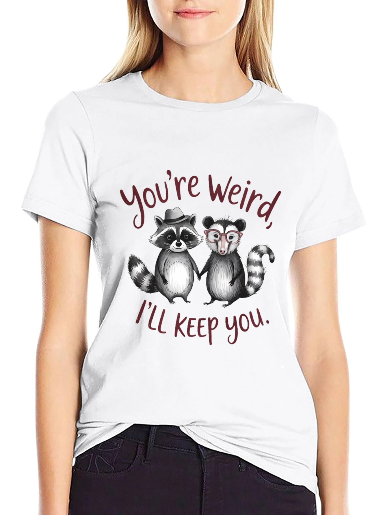 Black Funny Raccoon Graphic Tee - "You're Weird, I'll Keep You" view 9