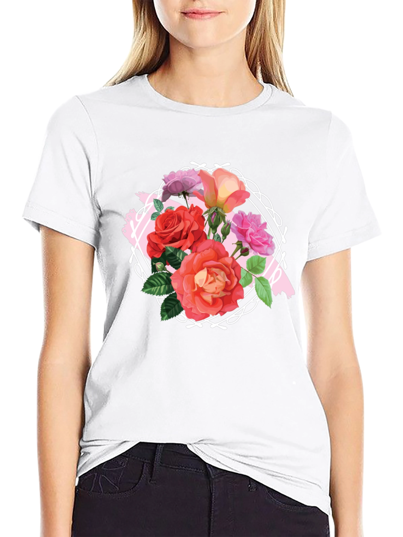 Black Floral Roses Graphic Tee - Stylish Black T-Shirt view 9