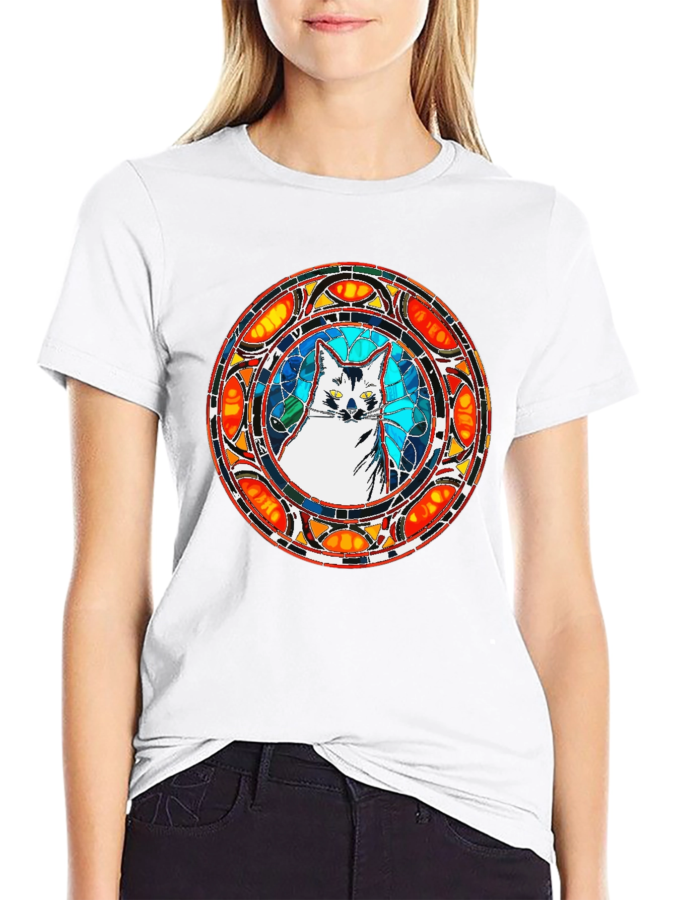 Black Stained Glass Cat T-Shirt - Unique Artistic Design view 9