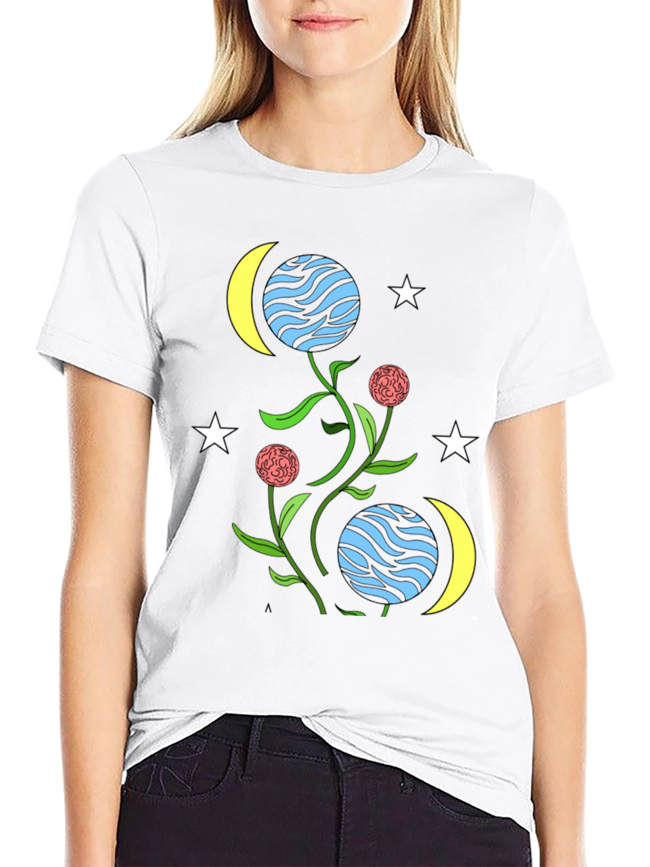 Black Cosmic Floral T-Shirt - Stars, Moons, & Planets Design view 9