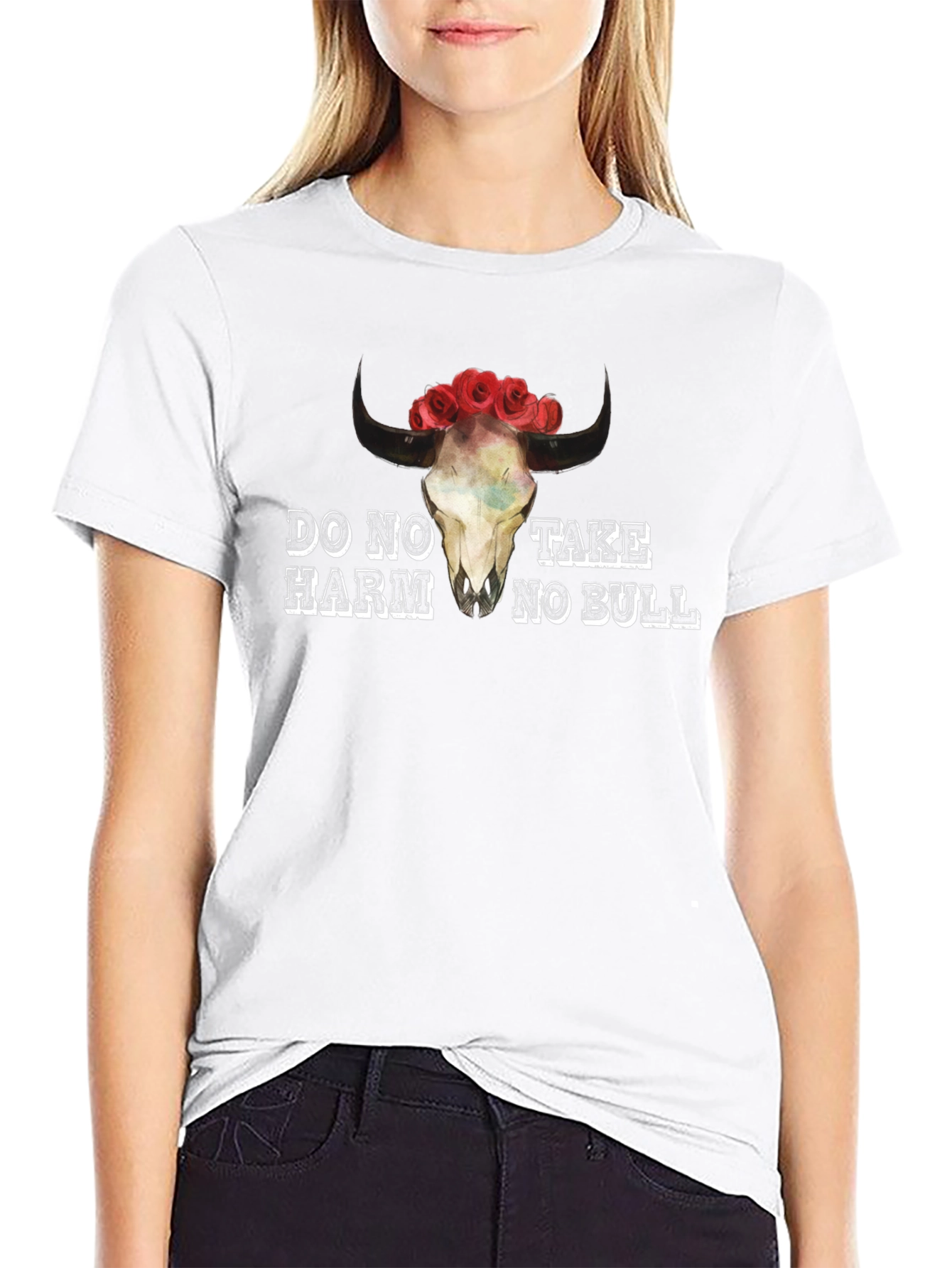 Black Do No Harm Take No Bull Skull Graphic Tee view 9