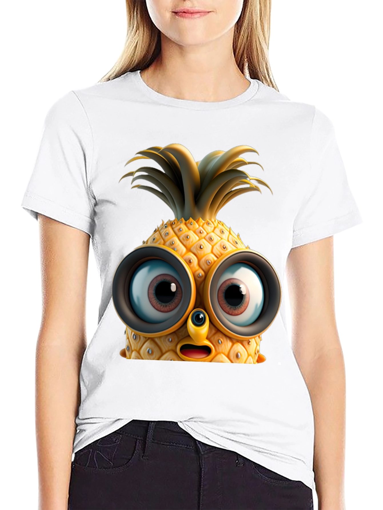 Black Funny Pineapple Face Graphic T-Shirt view 9