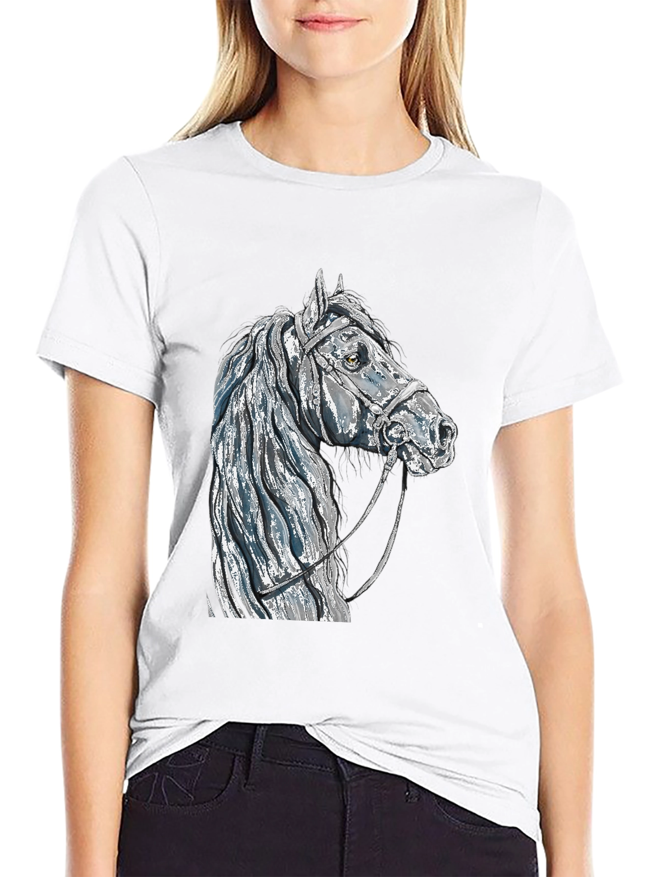 Black Horse Head Graphic Tee - Black Cotton Blend T-Shirt view 9