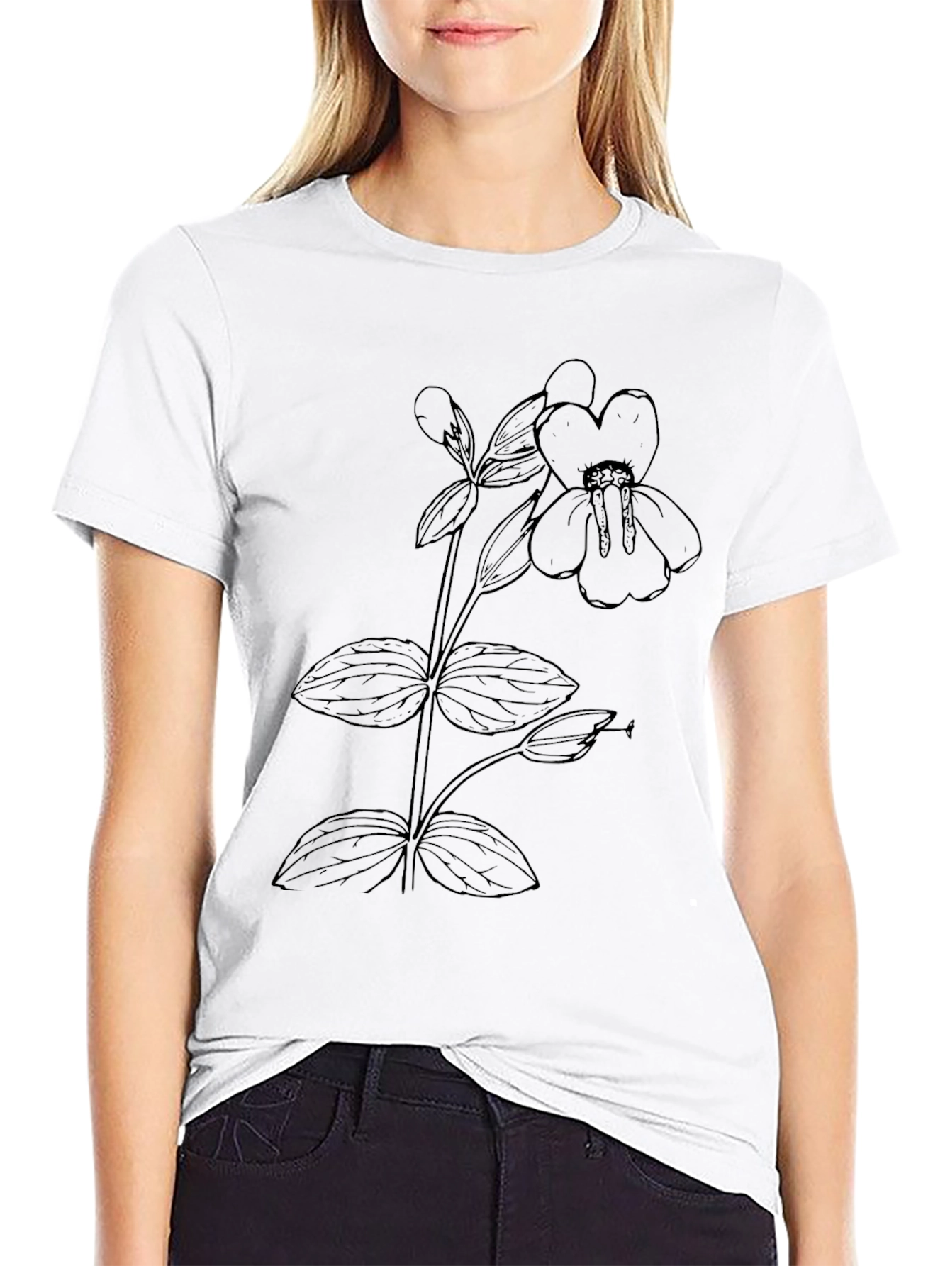 Black Botanical Print Tee - Minimalist Flower Design view 9