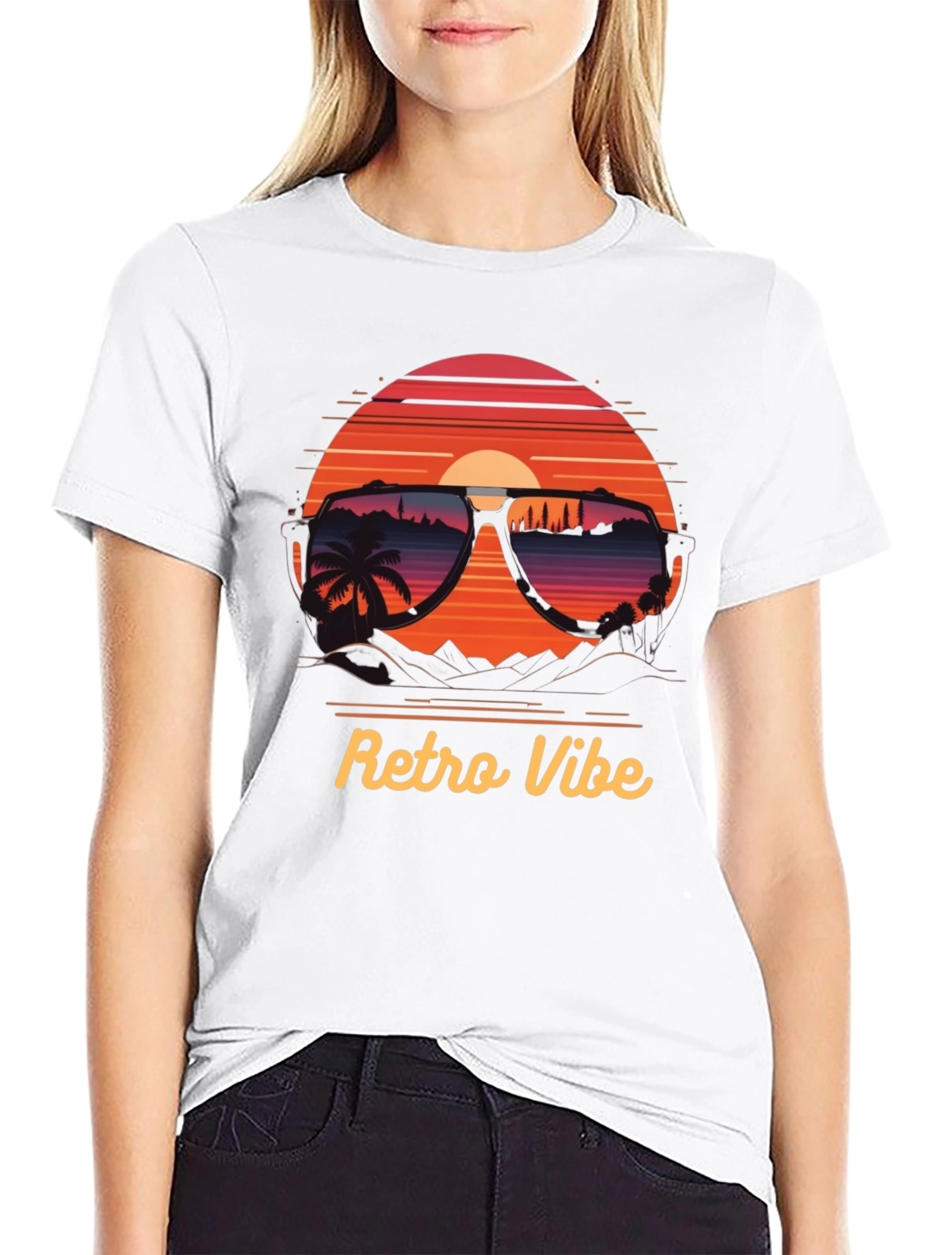 Black Retro Vibe T-Shirt - Sunglasses Sunset Design view 9