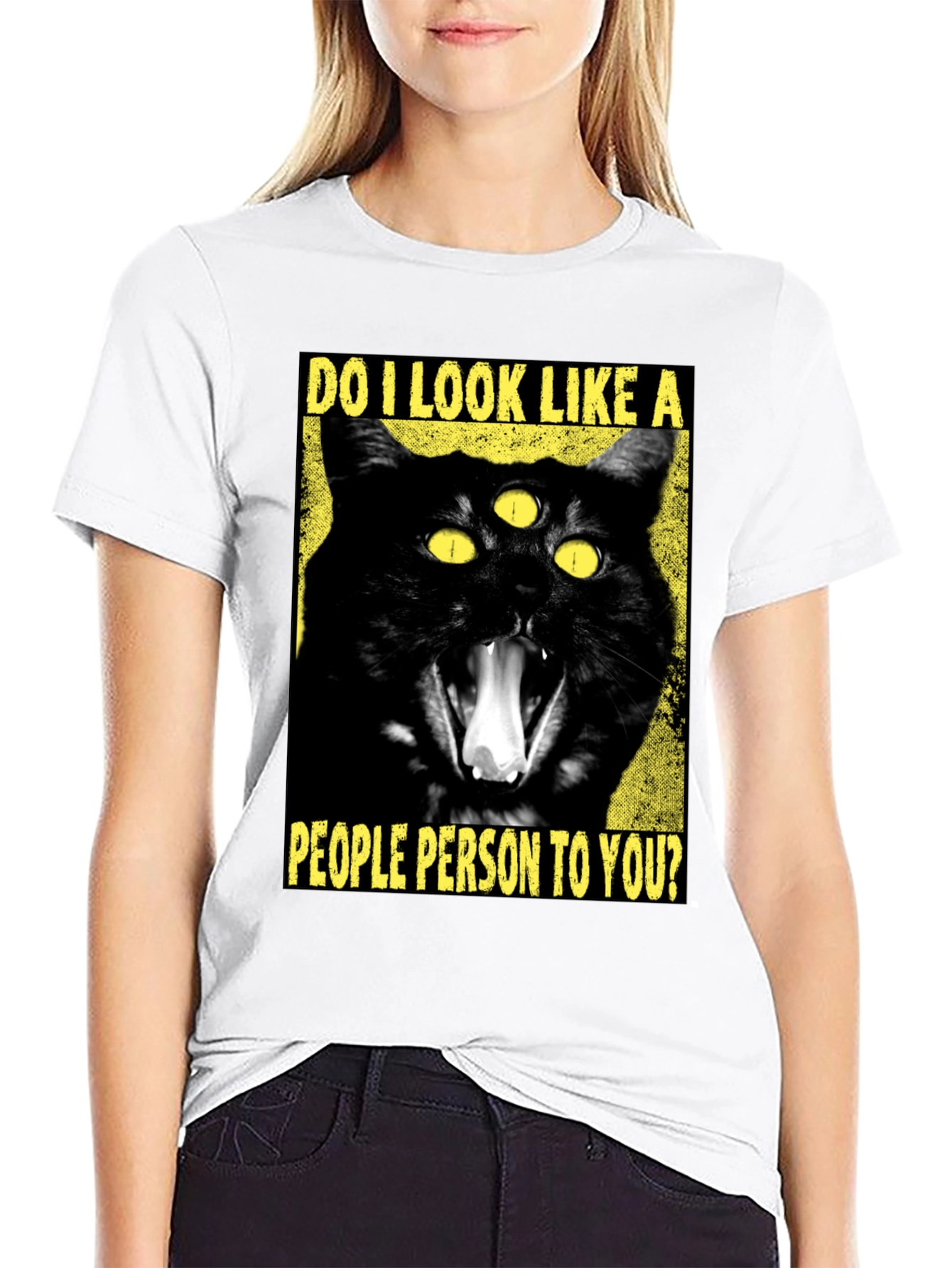 Black Three-Eyed Cat T-Shirt - "People Person" Funny Graphic Tee view 9