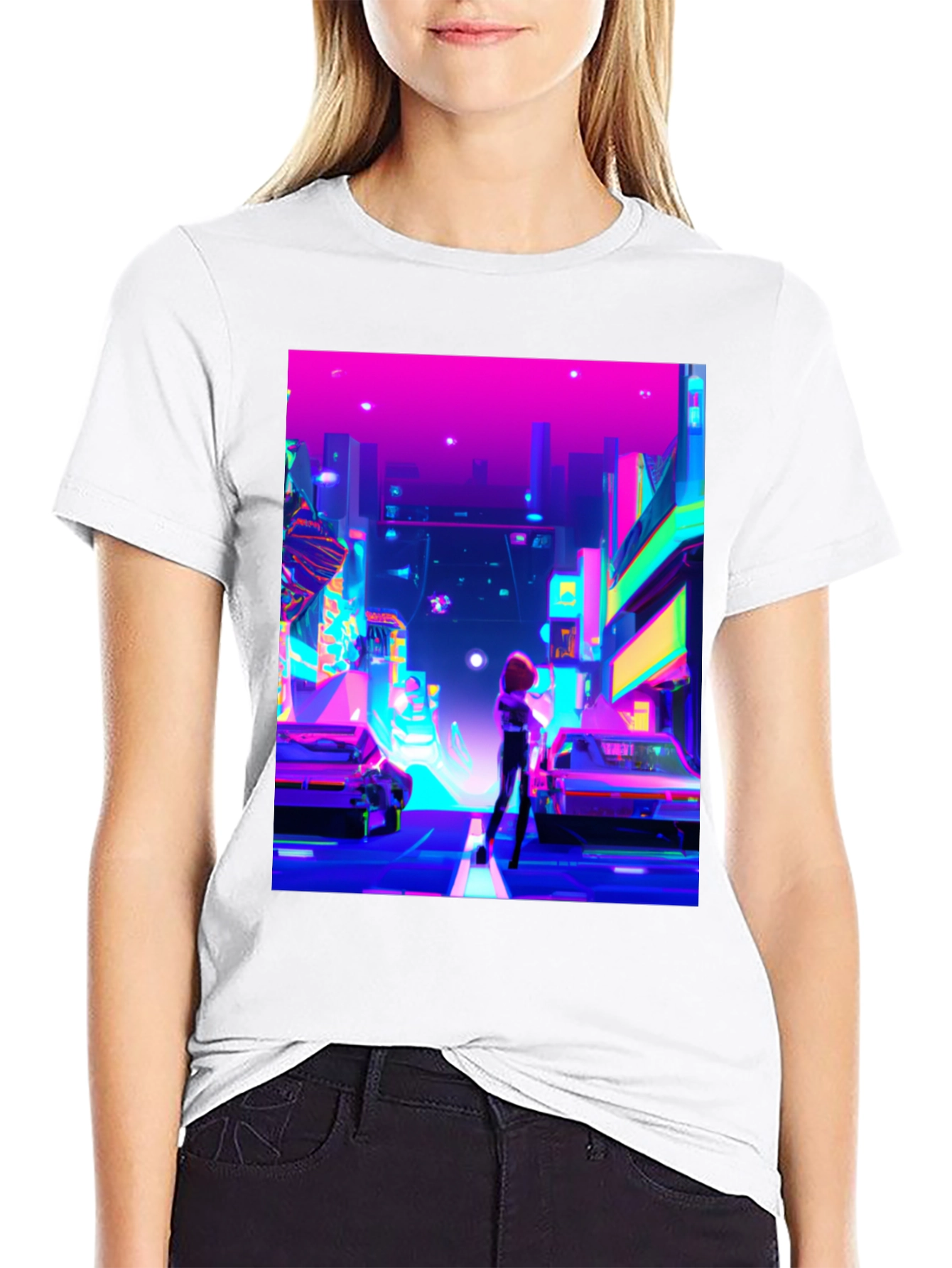 Black Neon Cityscape T-Shirt - Futuristic Style view 9