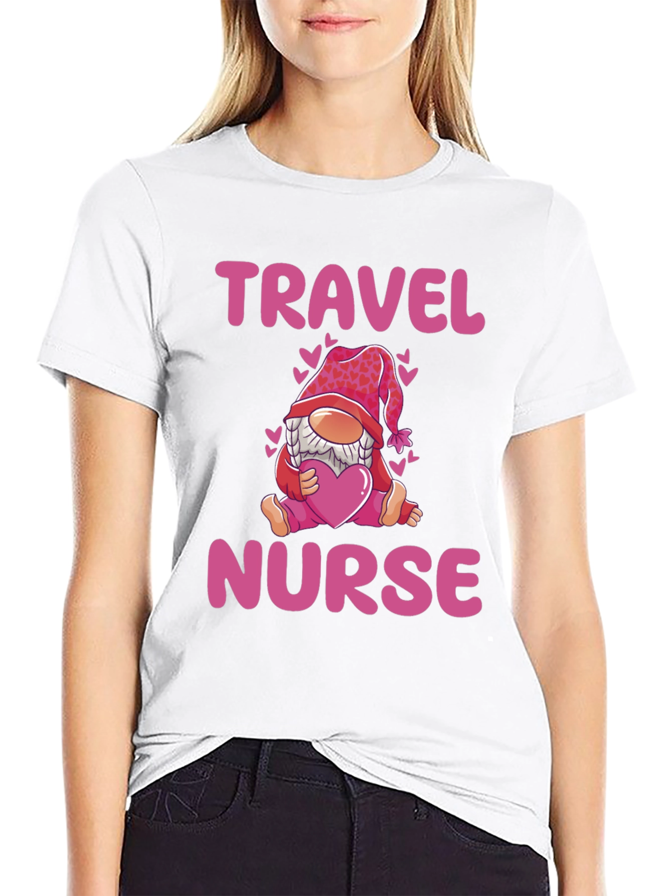 Black Travel Nurse Gnome T-Shirt - Valentine's Day Gift view 9
