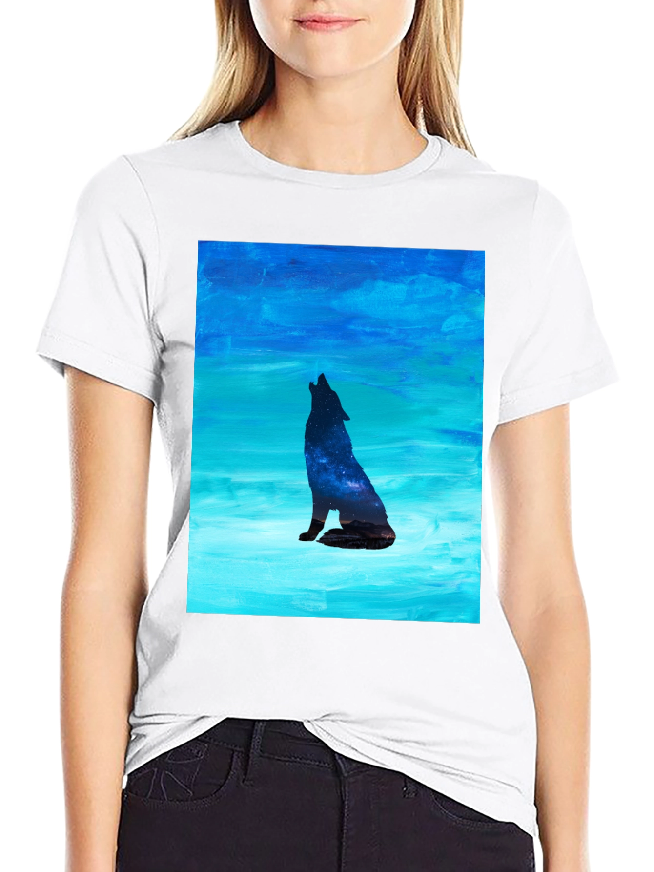 Black Howling Wolf Galaxy Print Black T-Shirt view 9