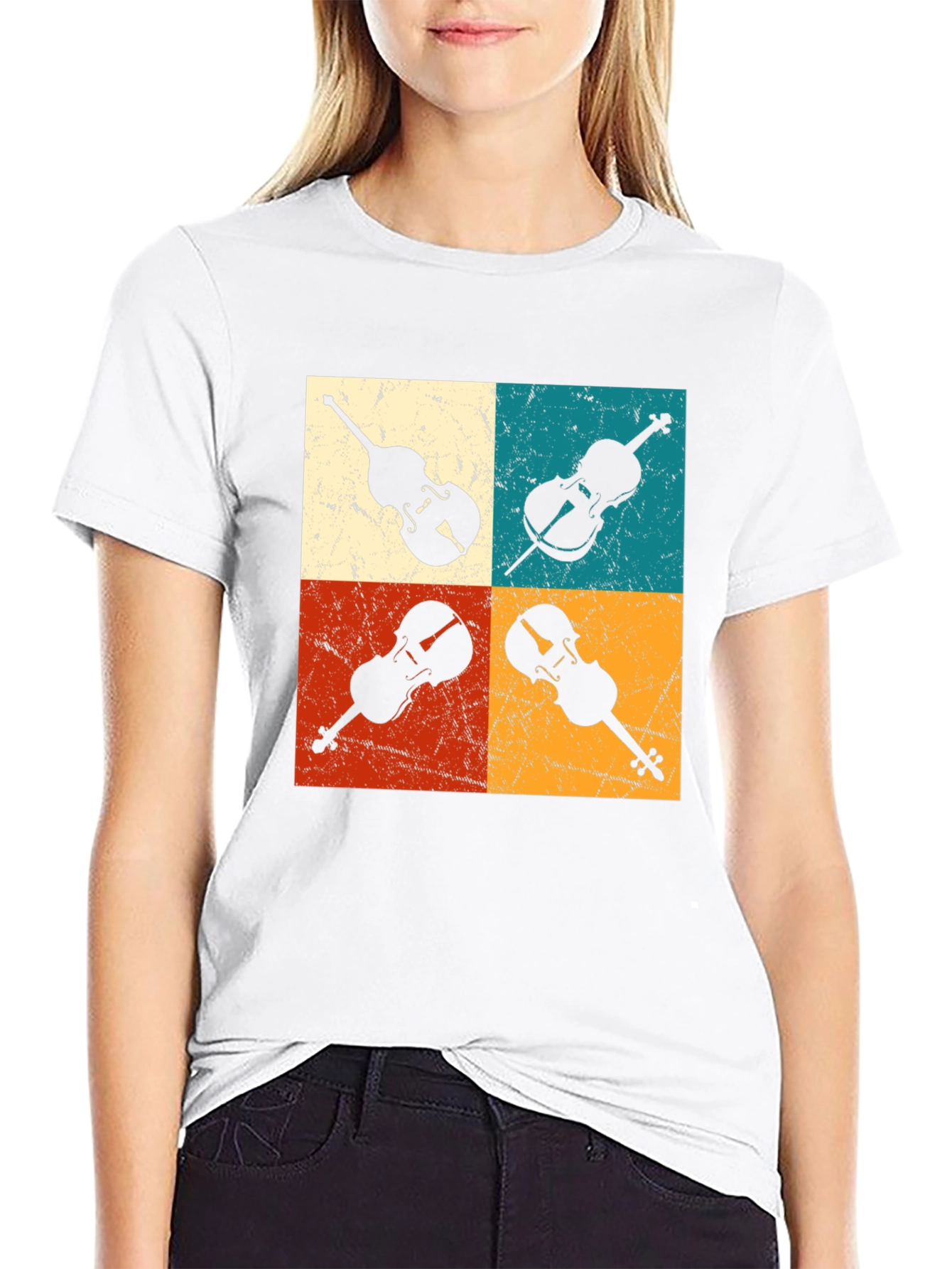 Black Retro Violin Collage Graphic Tee view 9