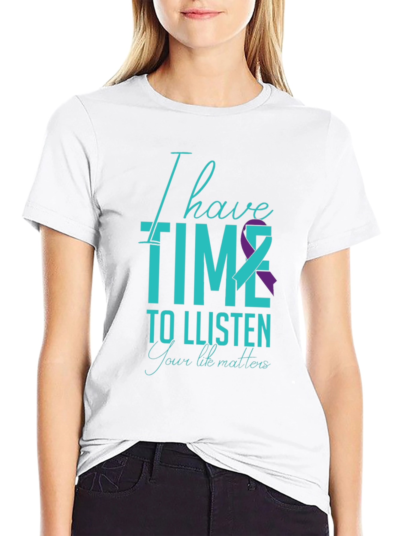 Black I Have Time to Listen T-Shirt - Teal & Purple Ribbon Design view 9