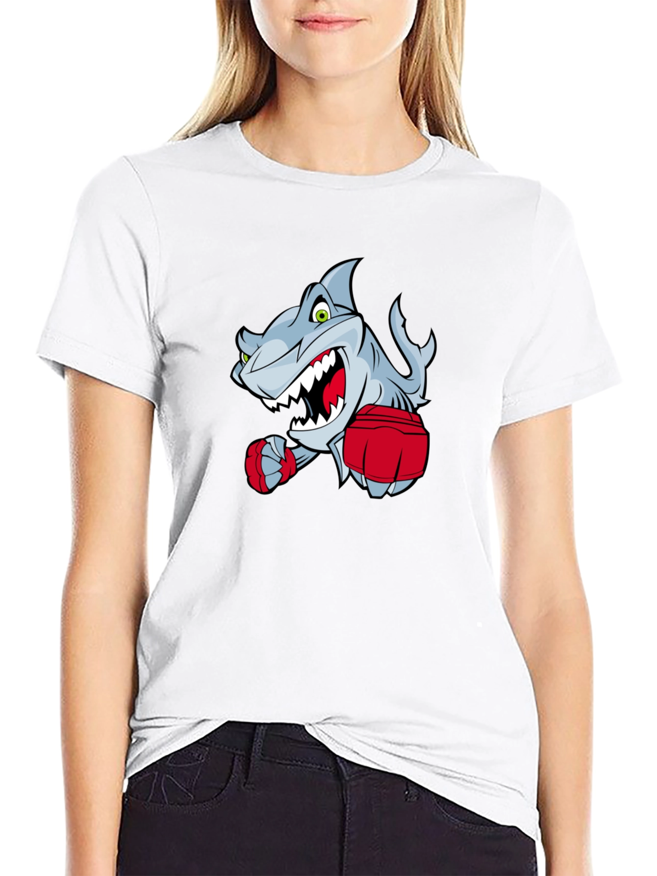 Black Cartoon Shark Boxer Graphic T-Shirt view 9