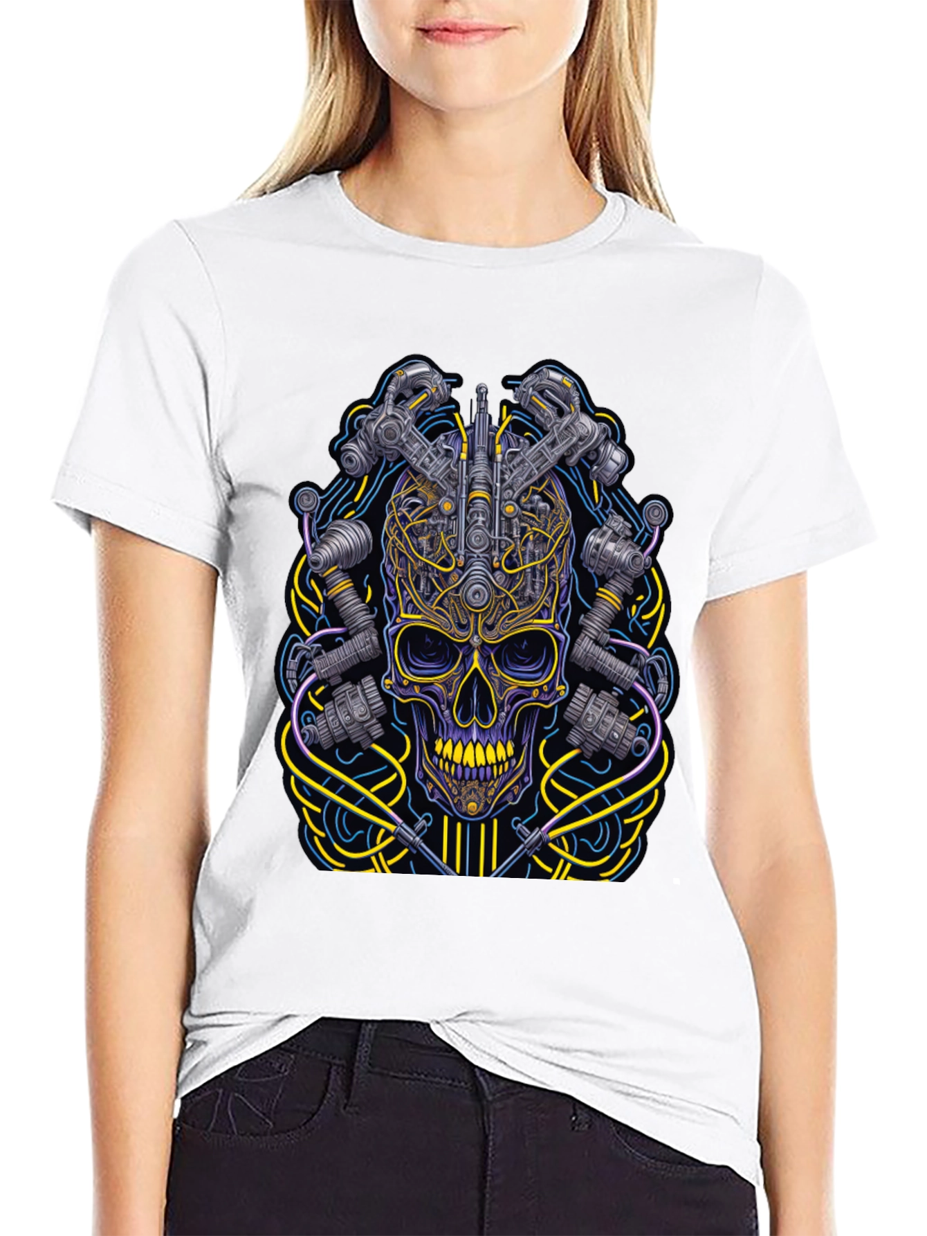Black Cyberpunk Skull Graphic T-Shirt view 9