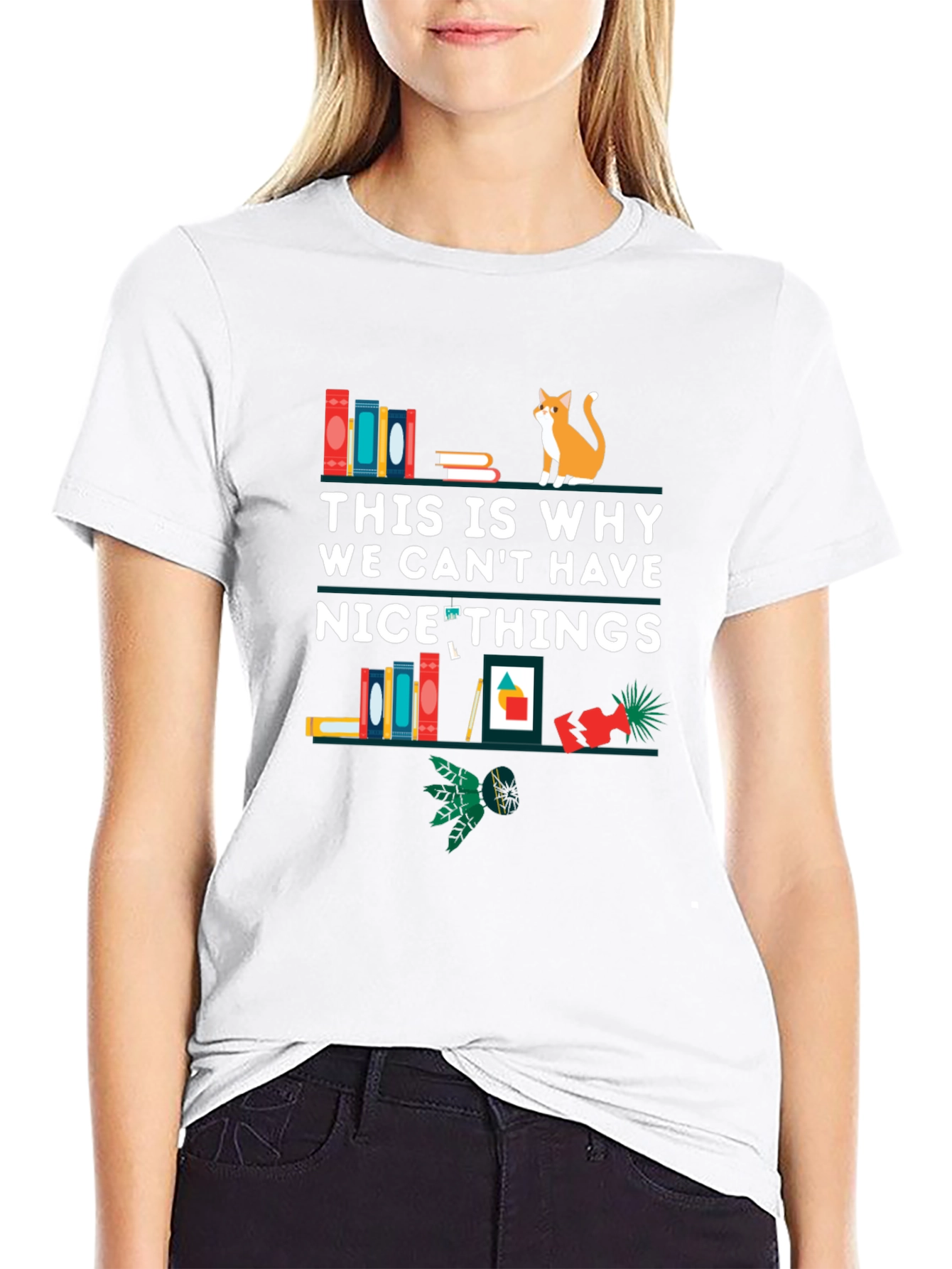 Black Funny Cat & Books Graphic T-Shirt view 9