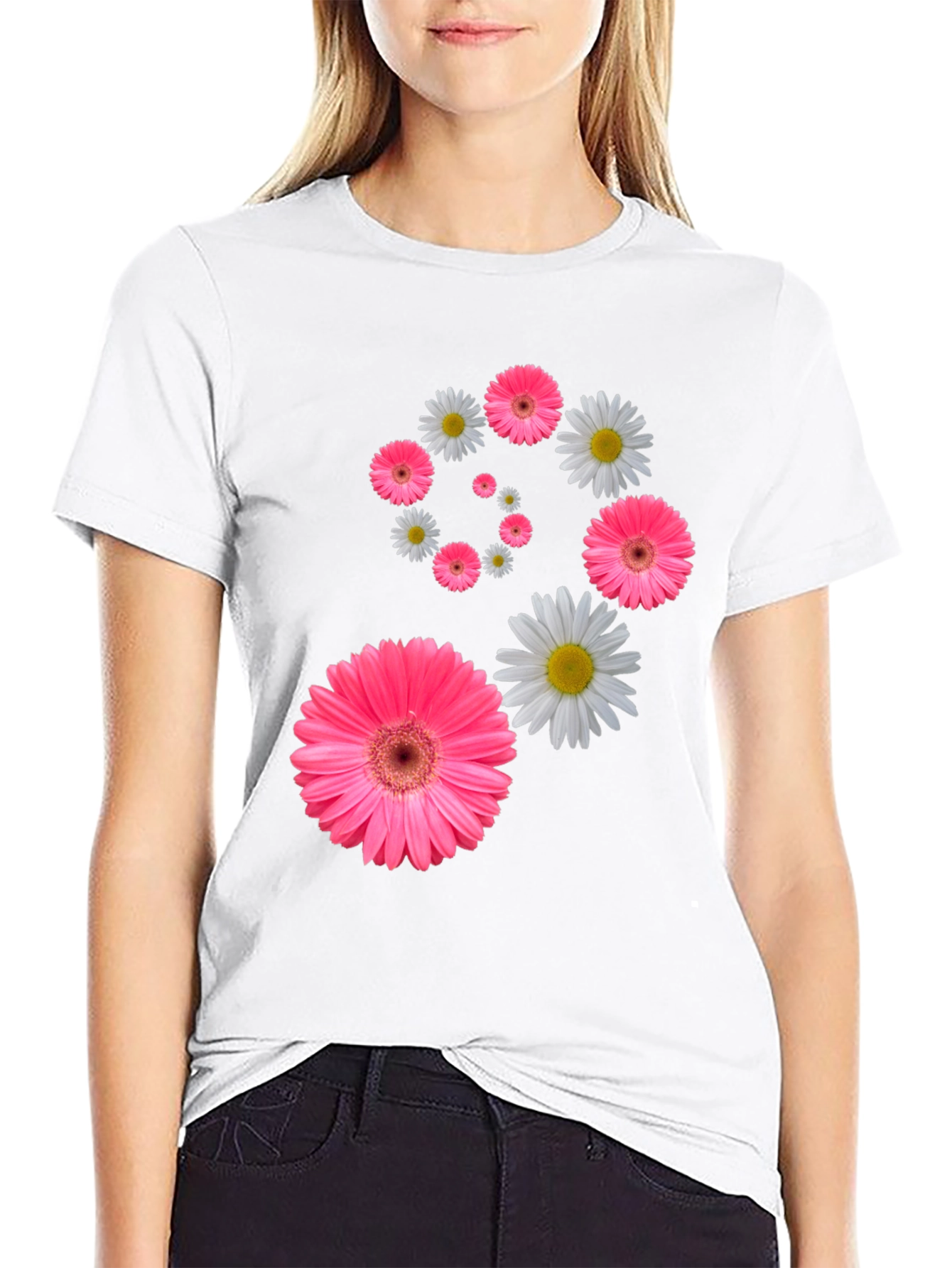 Black Floral Swirl T-Shirt - Pink Daisy Design view 9