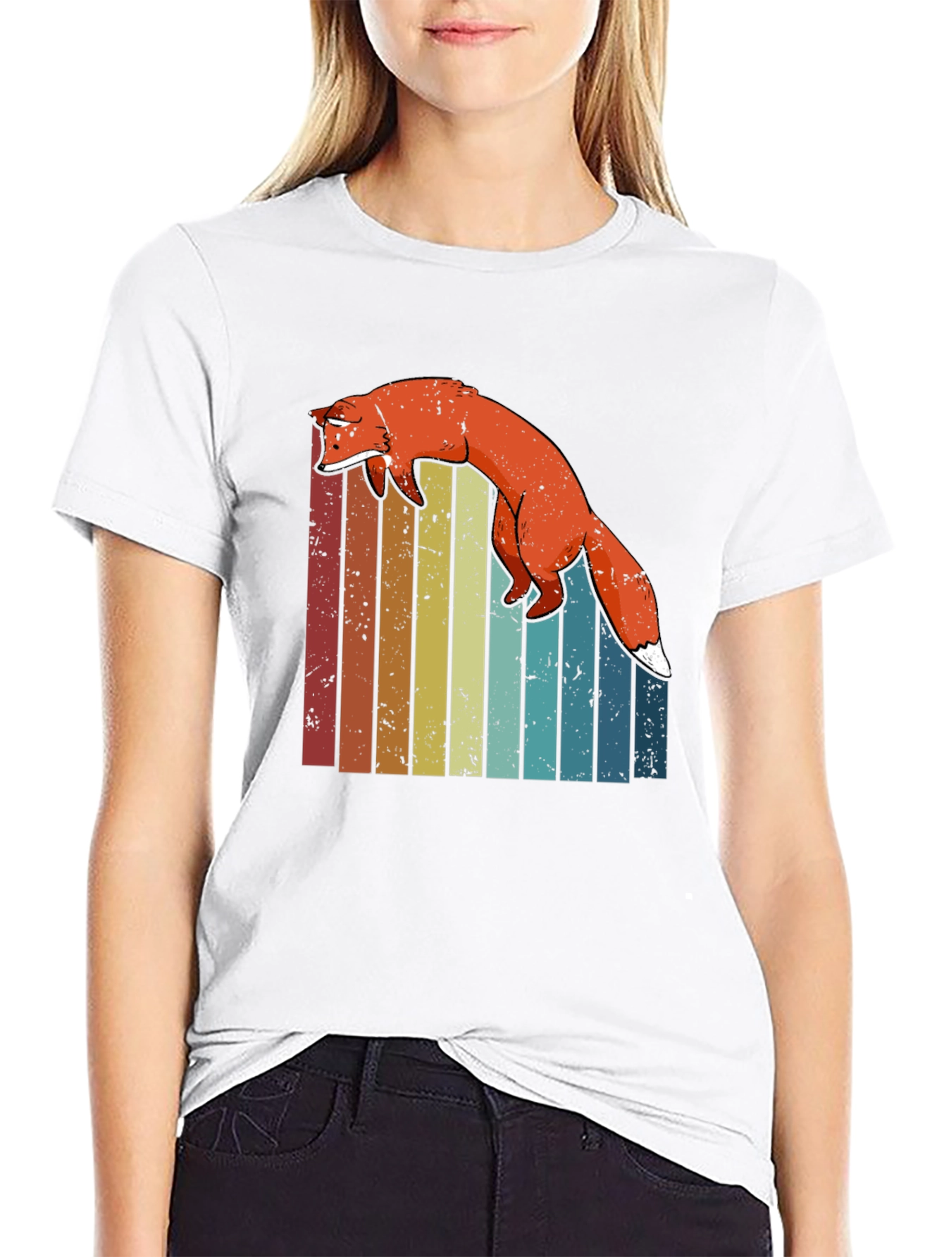 Black Retro Fox Graphic Tee - Vintage Striped Design view 9