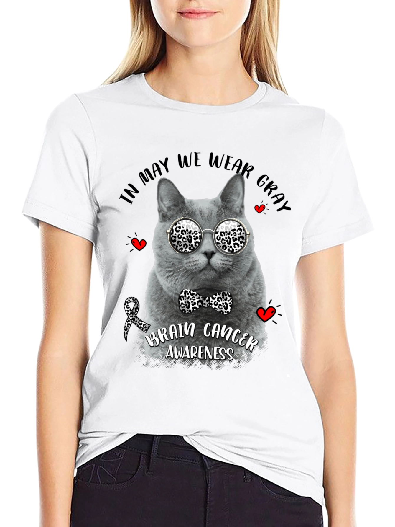 Black Gray Cat Brain Cancer Awareness T-Shirt view 9