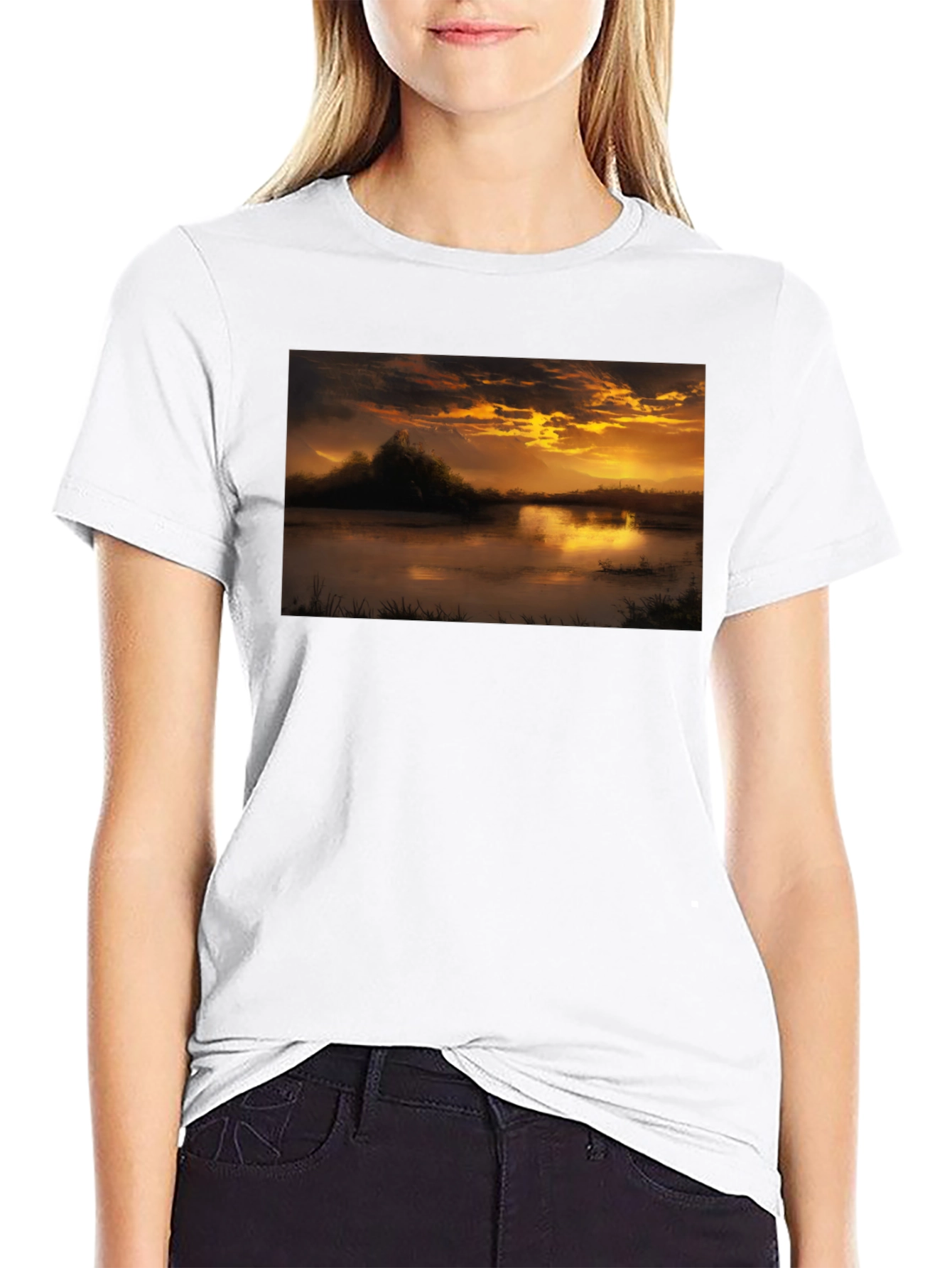 Black Sunset Lake Graphic Tee - Black Cotton Blend view 9