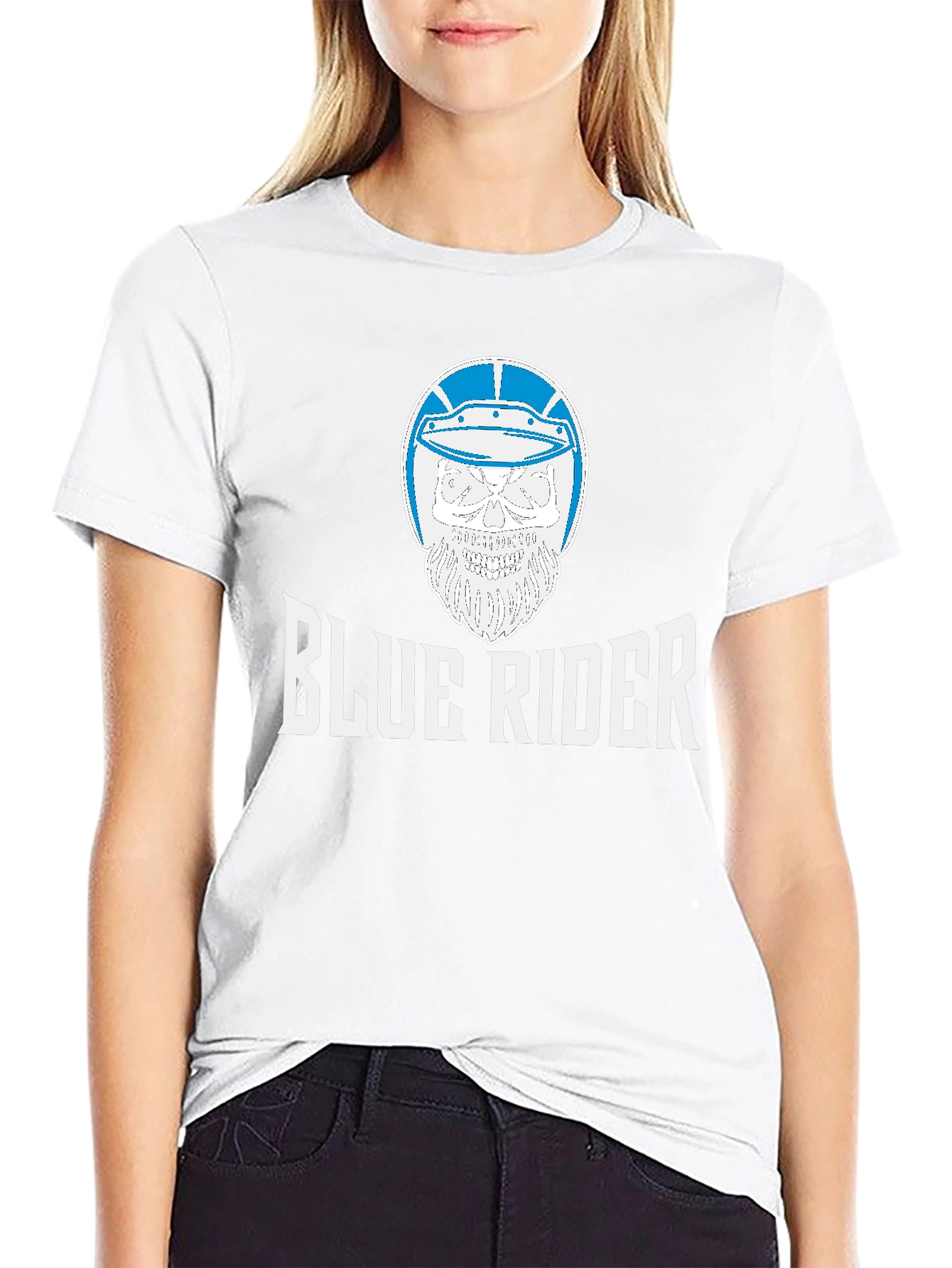 Black Blue Rider Graphic T-Shirt - Skull & Helmet Design view 9