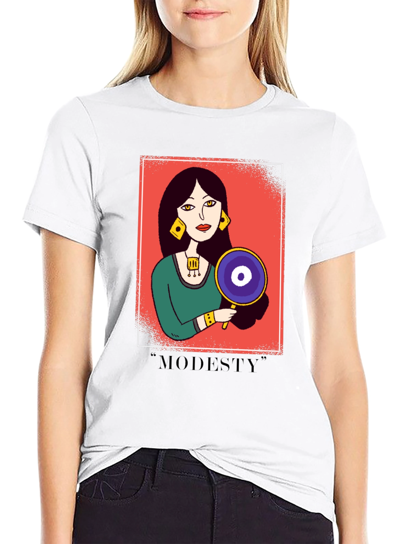 Black Graphic T-Shirt with "Modesty" Design view 9