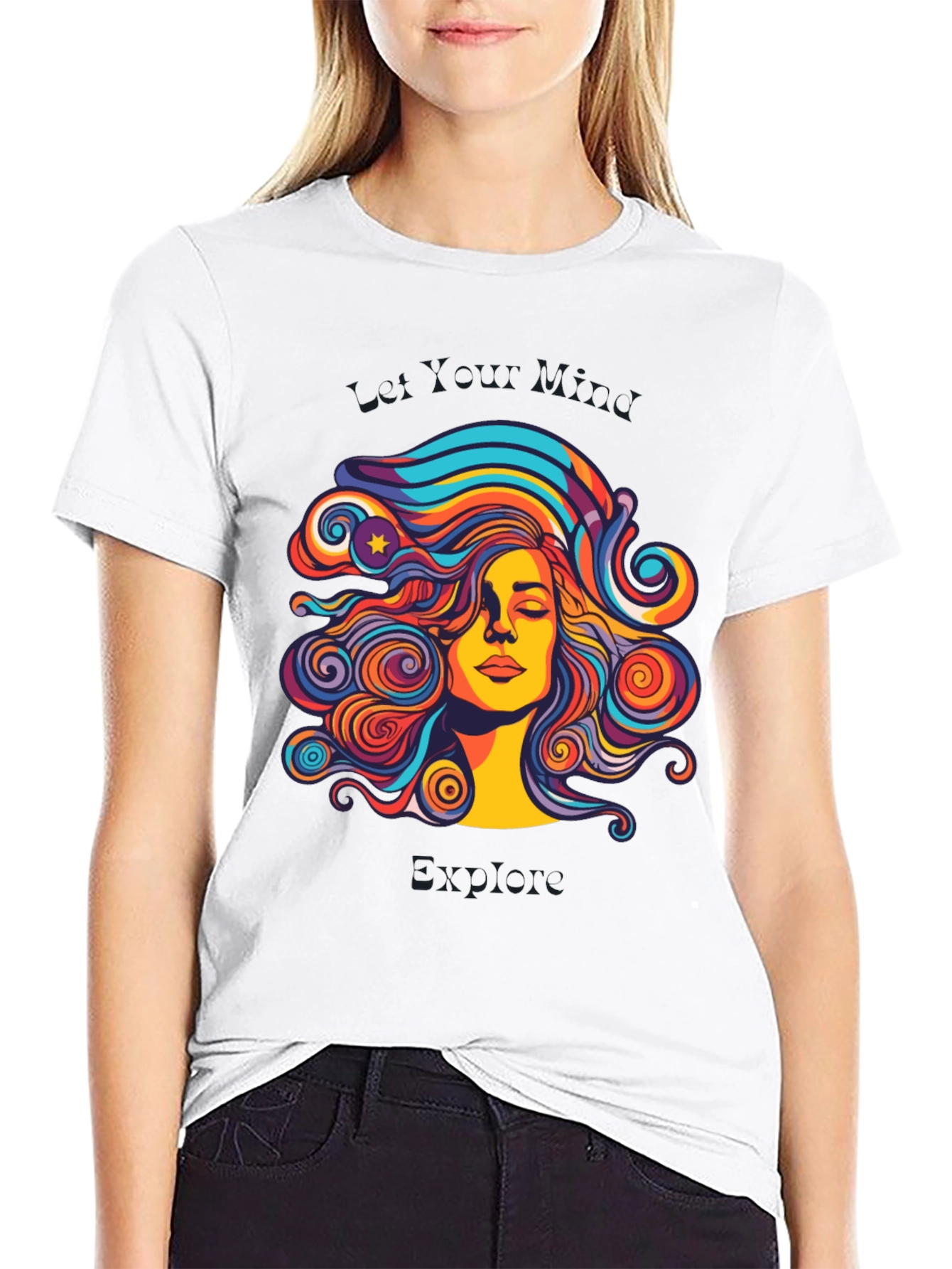 Black Psychedelic Woman Graphic Black T-Shirt view 9