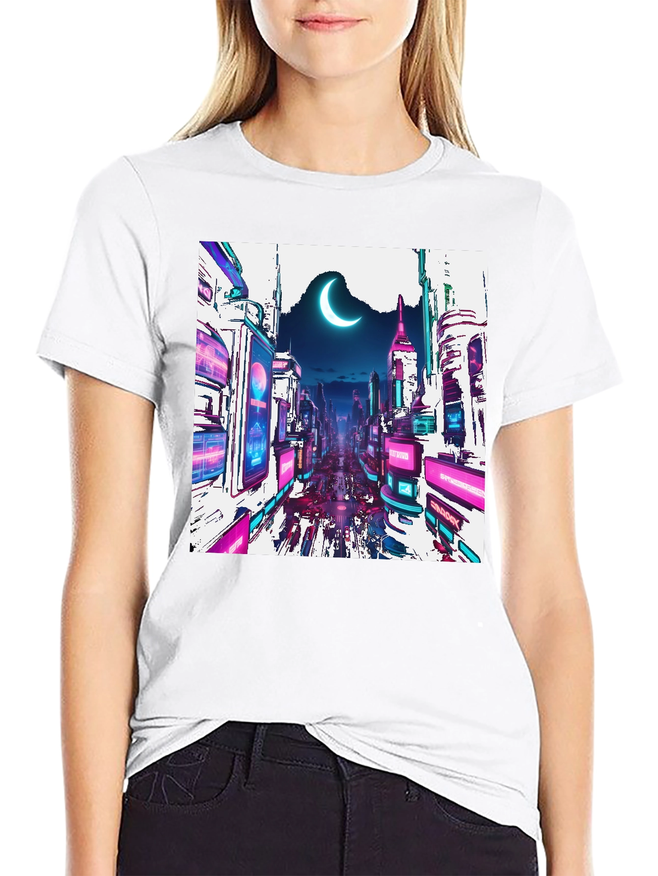 Black Cyberpunk Cityscape Graphic Tee - Crescent Moon Edition view 9