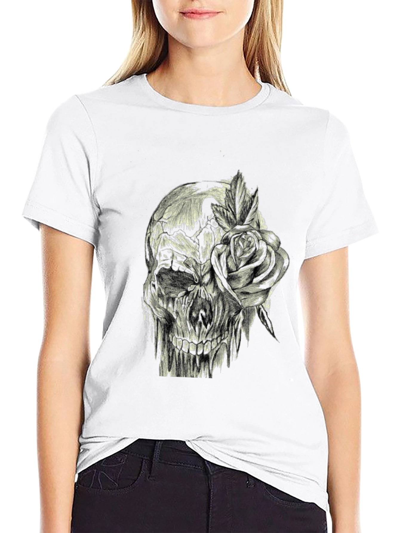 Black Skull and Rose Graphic Print Tee - Edgy Style view 9