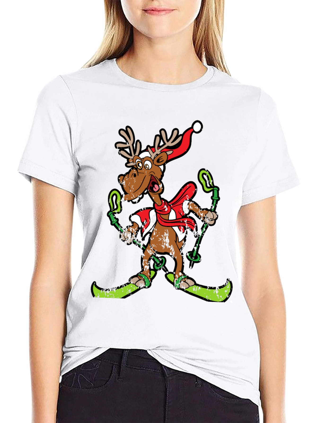 Black Funny Skiing Reindeer Christmas Graphic Tee view 9