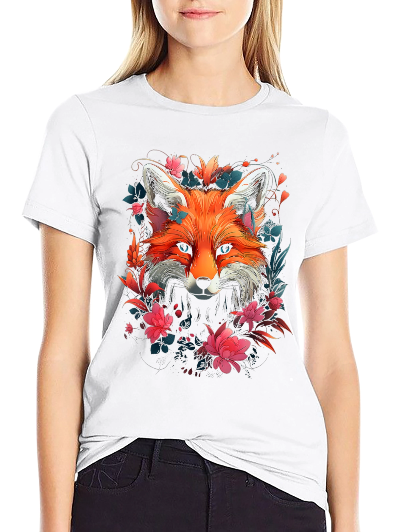 Black Floral Fox Graphic Tee - Stylish Unisex T-Shirt view 9