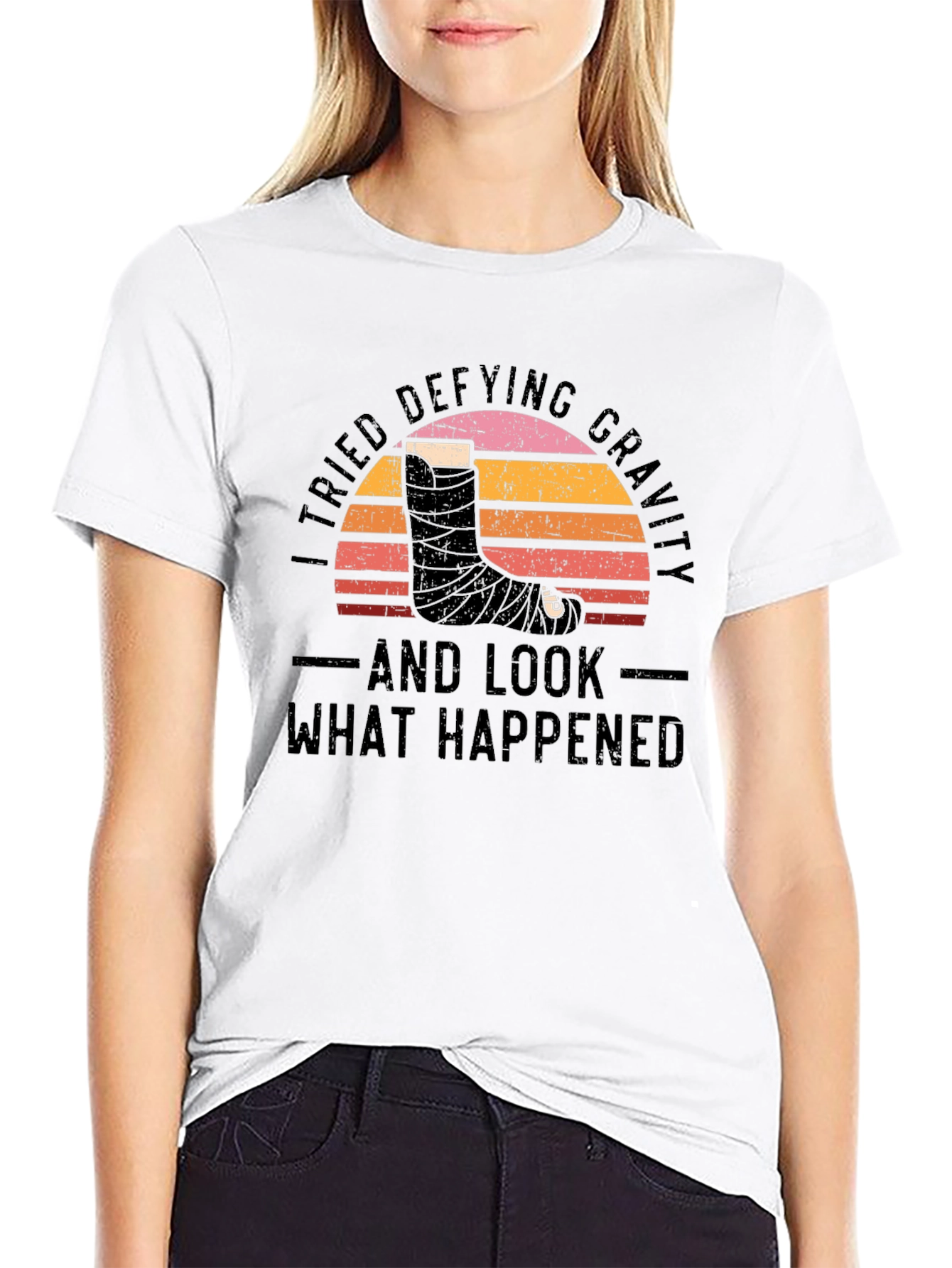 Black Defying Gravity Graphic Tee - Broken Leg Humor view 9