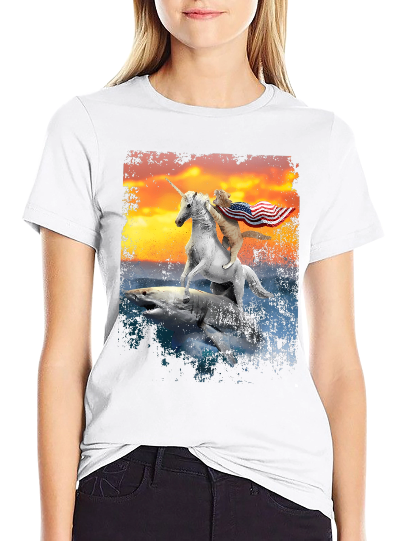 Black Cat Riding Unicorn on Shark T-Shirt view 9