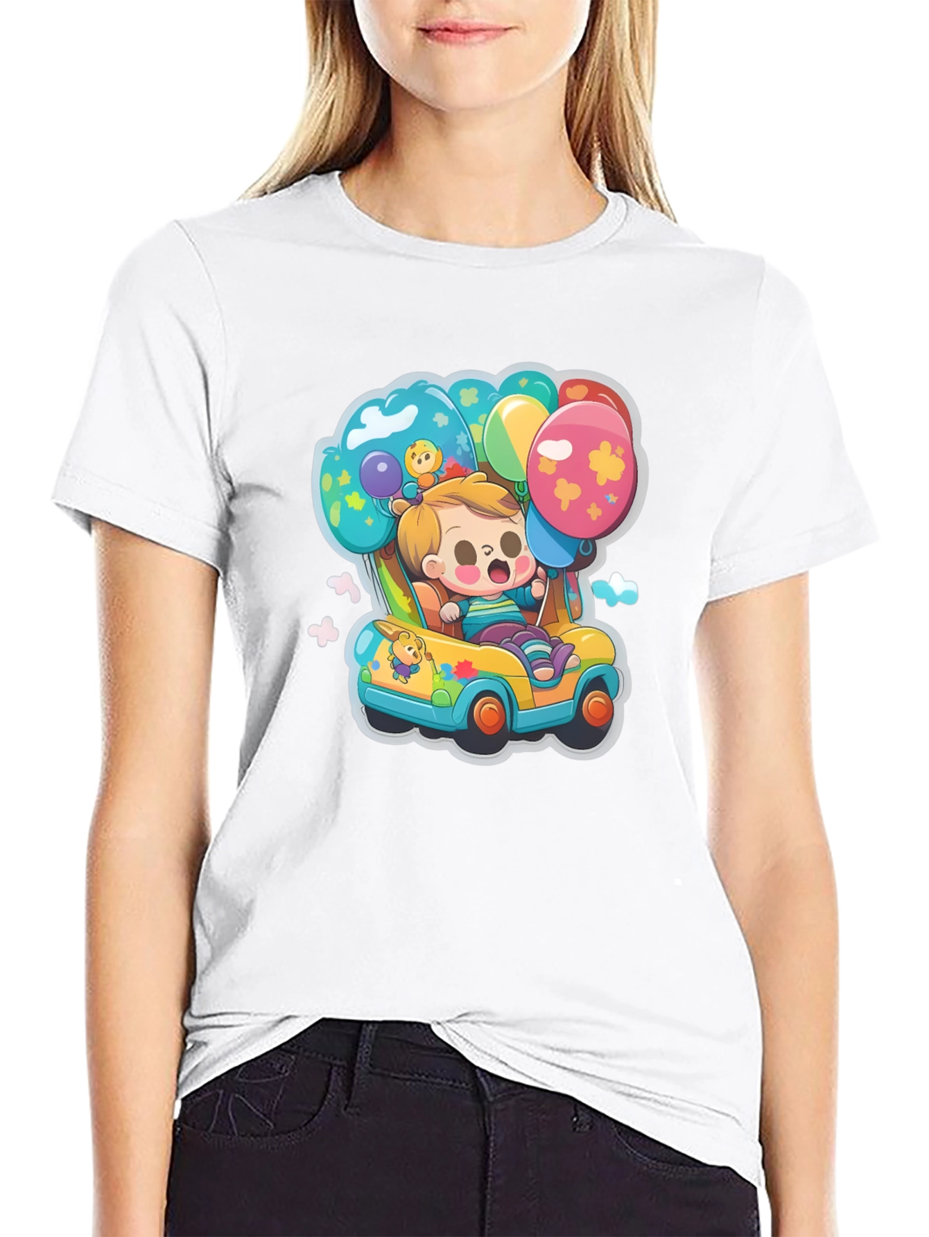 Black Cartoon Car & Balloons Graphic T-Shirt view 9