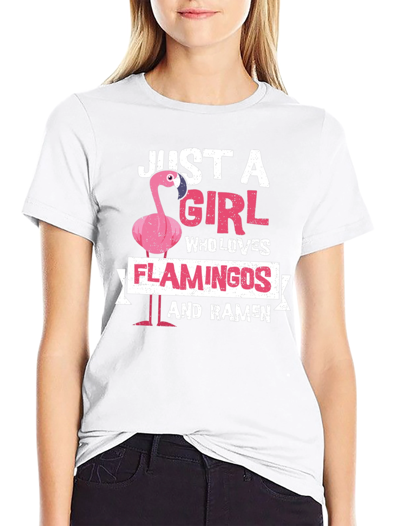 Black Just A Girl Who Loves Flamingos and Ramen T-Shirt view 9