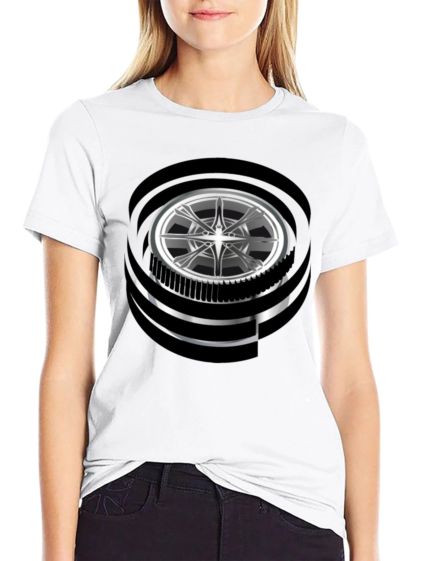 Black Modern Graphic Wheel Design Black T-Shirt view 9