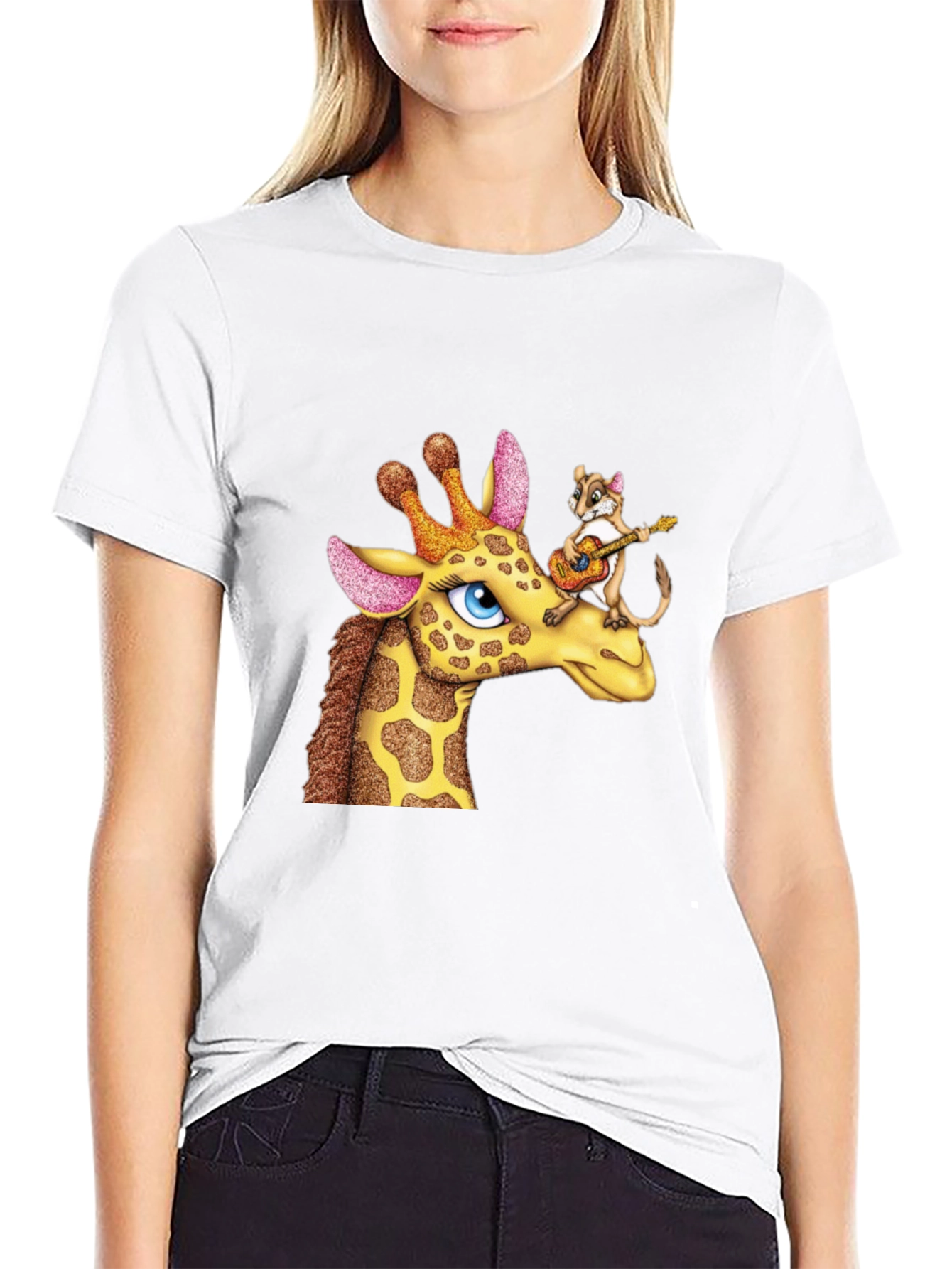 Black Giraffe & Squirrel Cartoon Graphic Black T-Shirt view 9