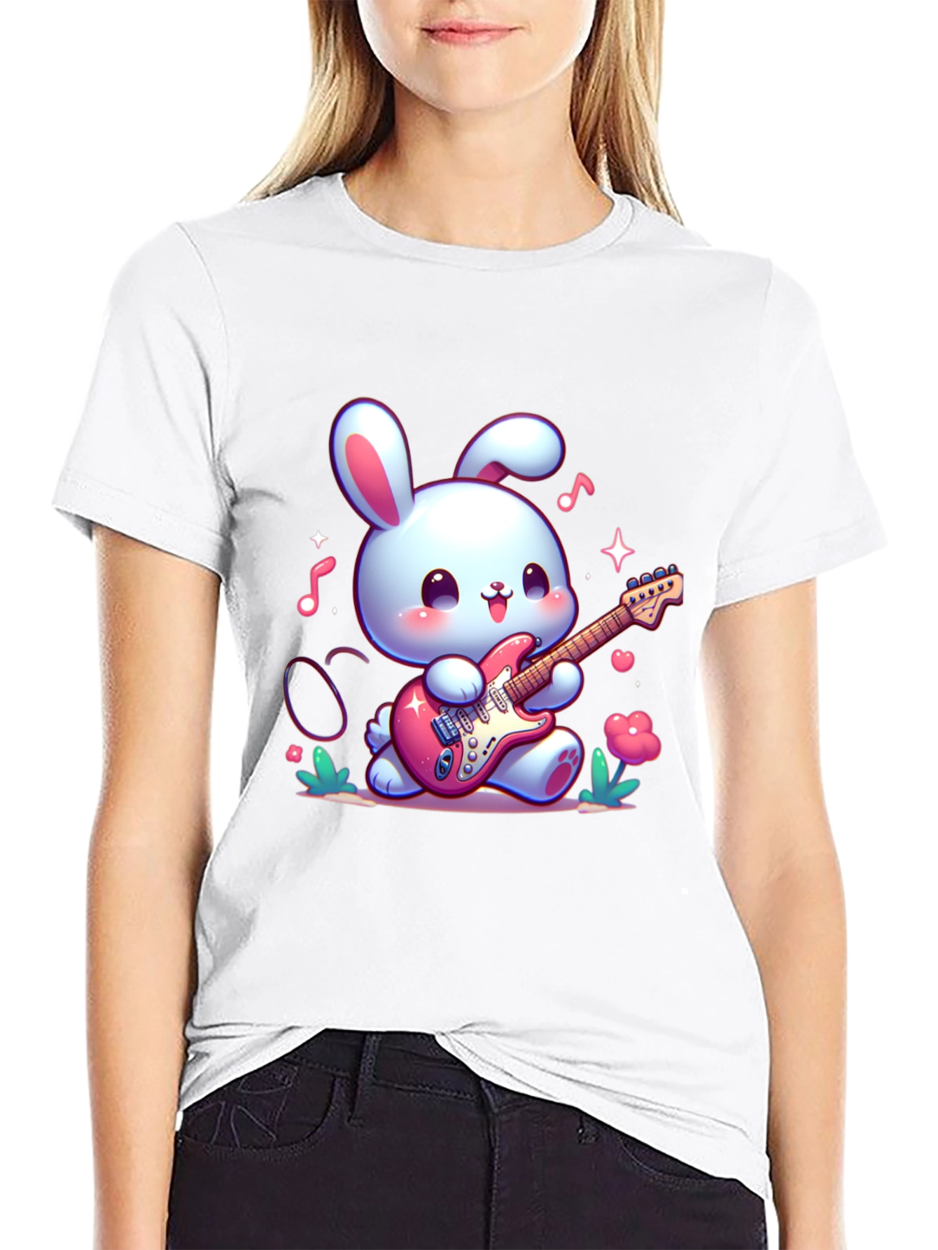 Black Cute Bunny Guitarist Black T-Shirt view 9