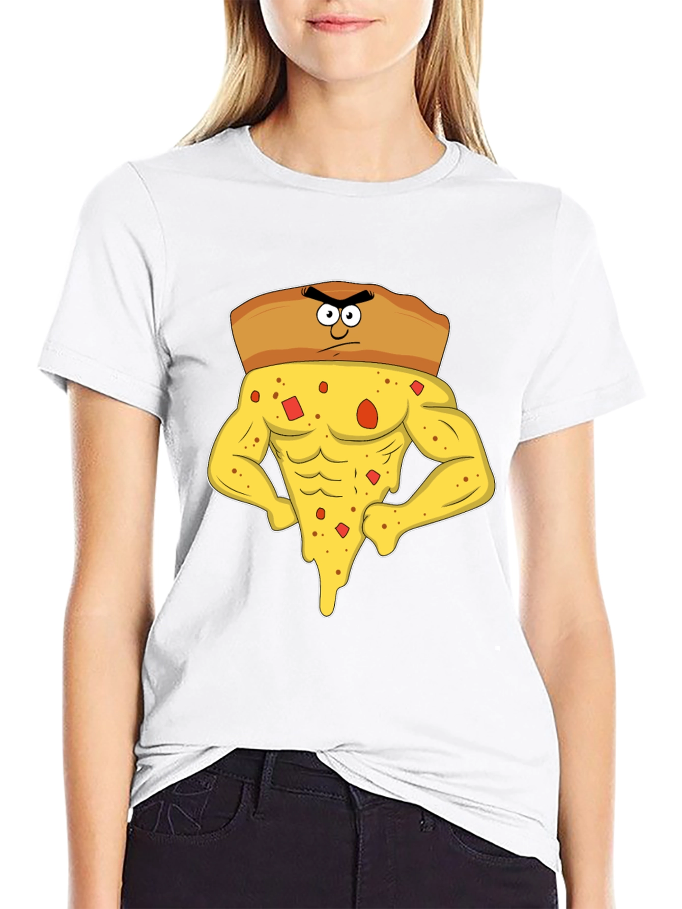 Black Funny Muscular Pizza Slice Graphic T-Shirt view 9