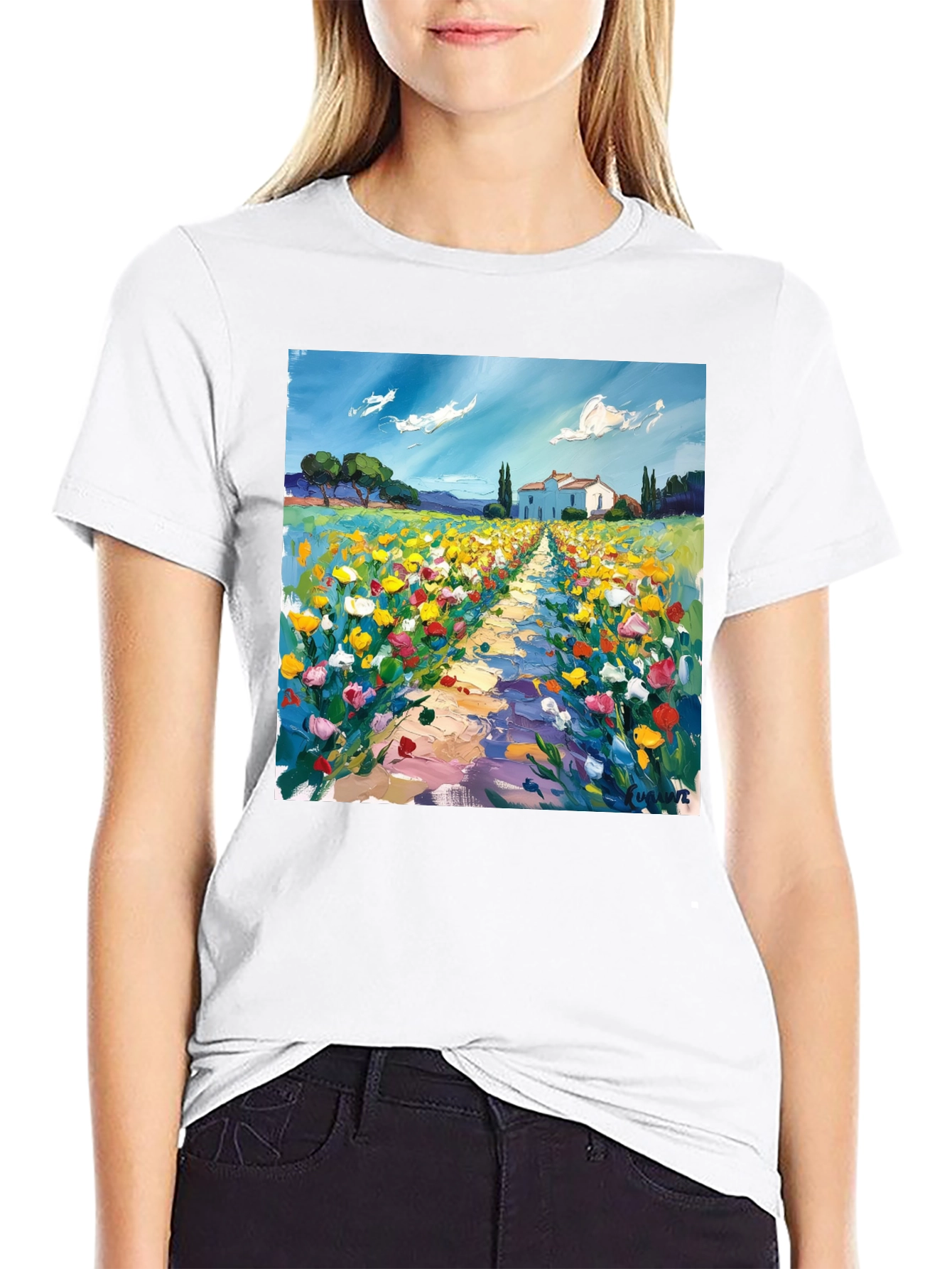 Black Artistic Landscape Print T-Shirt view 9