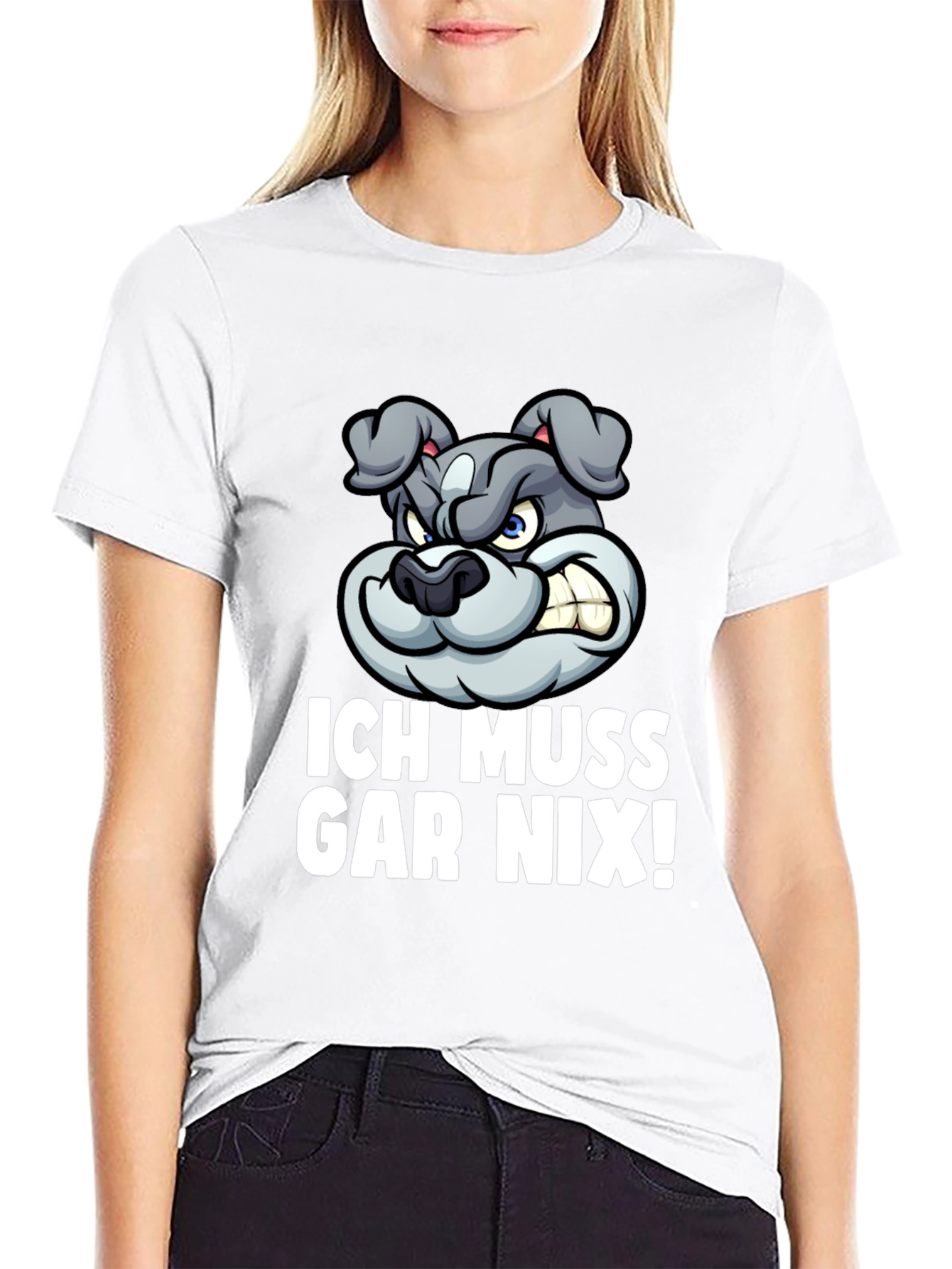 Black Funny Bulldog Graphic Tee - "Ich Muss Gar Nix!" T-Shirt view 9