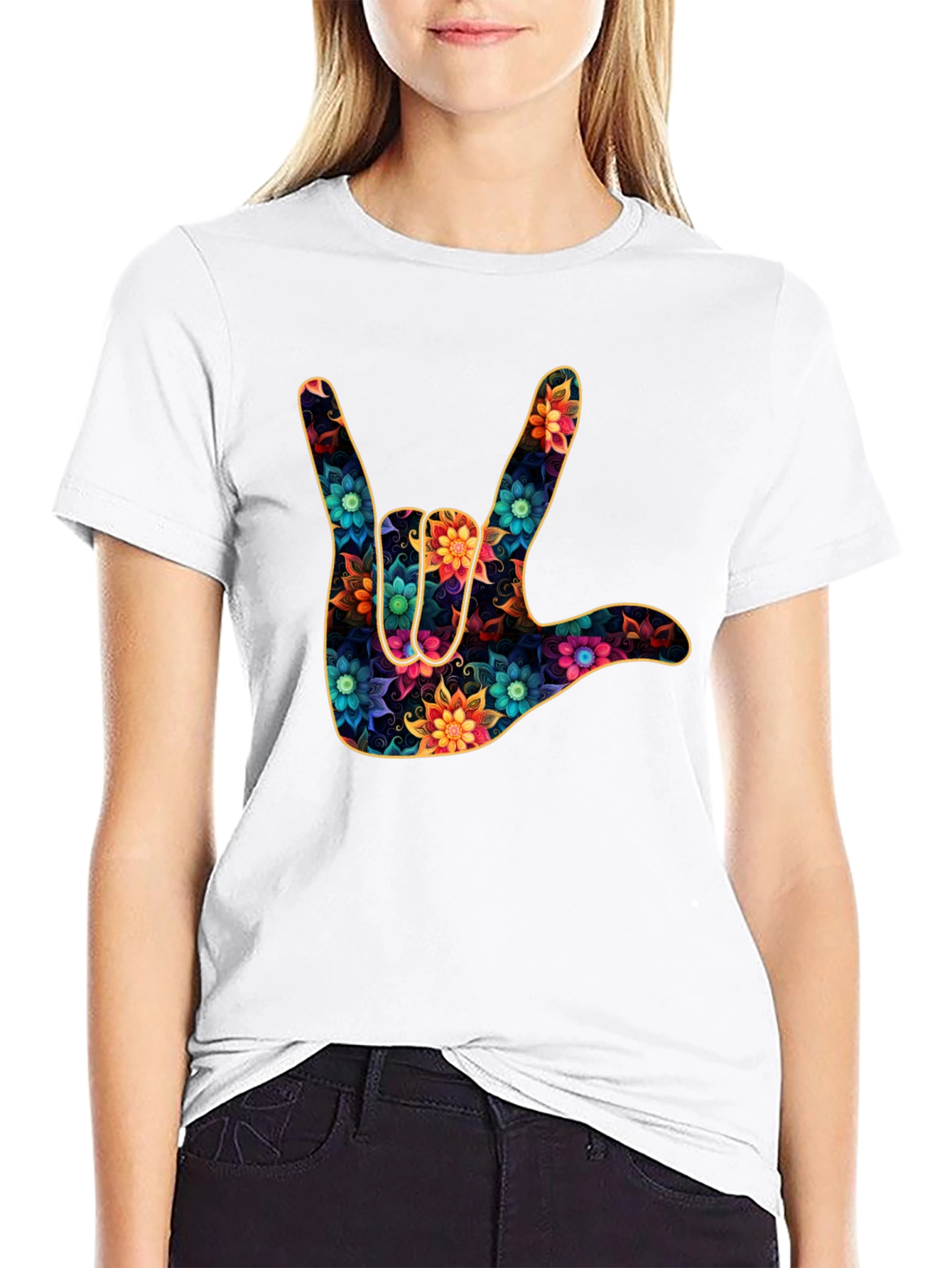 Black Floral "I Love You" Hand Sign Black T-Shirt view 9