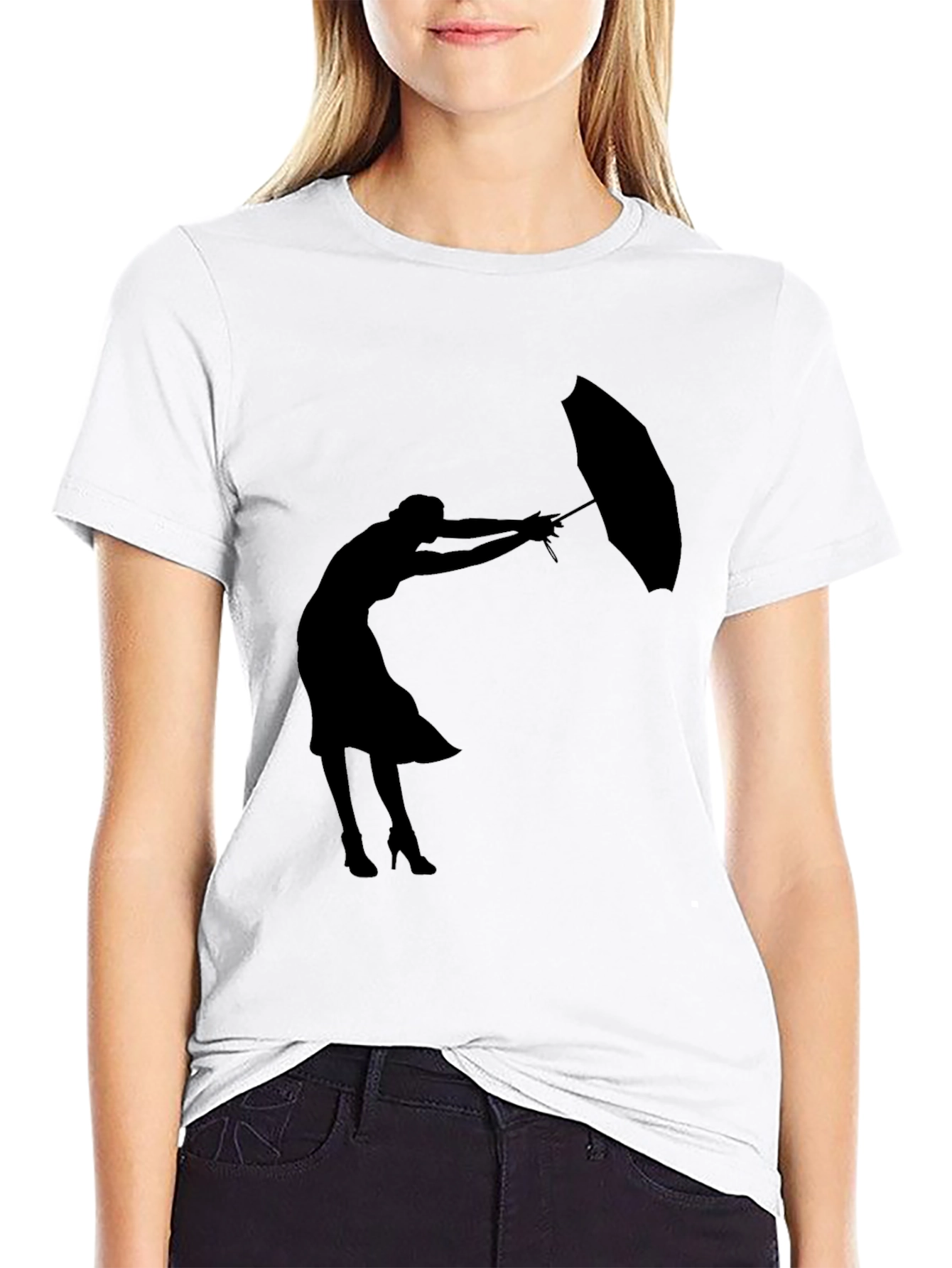 Black Silhouette Umbrella Woman Graphic Tee view 9