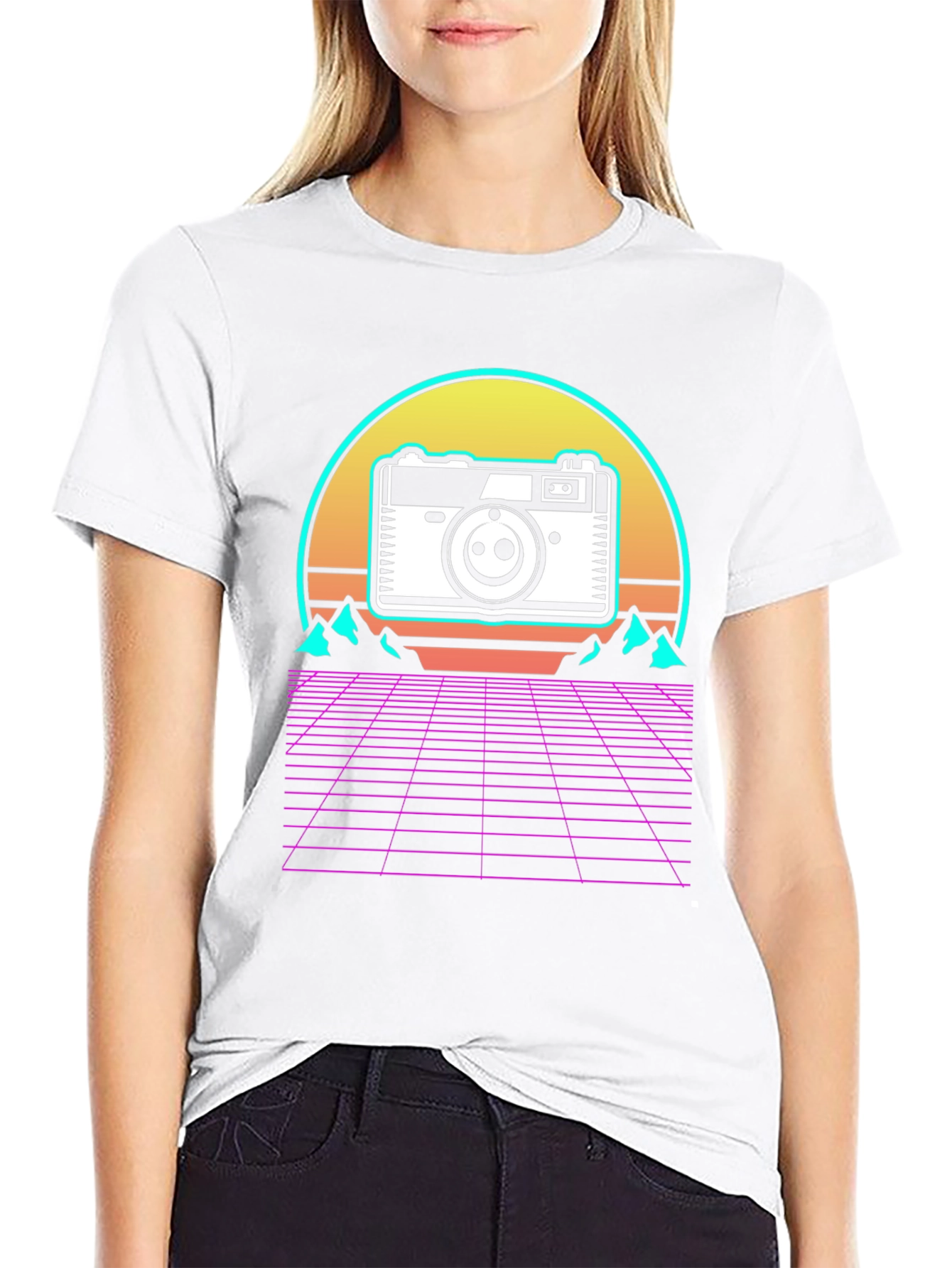 Black Retro Camera Grid T-Shirt view 9